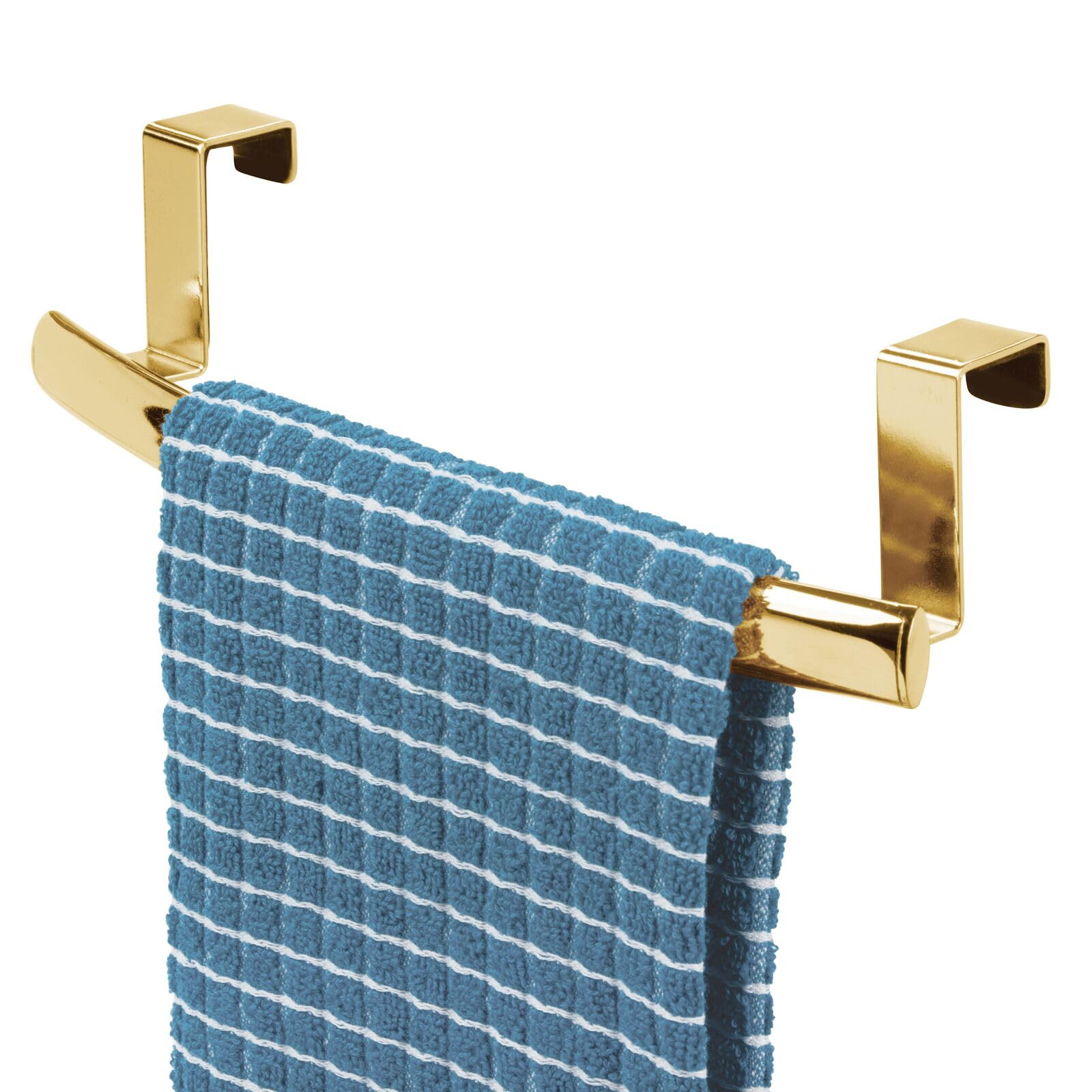 mDesign Steel Over Door Curved Towel Bar Storage, Hanger for Cabinet or Cupboard, Holder Rack for Kitchen, Bathroom - Holds Hand/Dish Towels, Washcloths - Spira Collection - Soft Brass