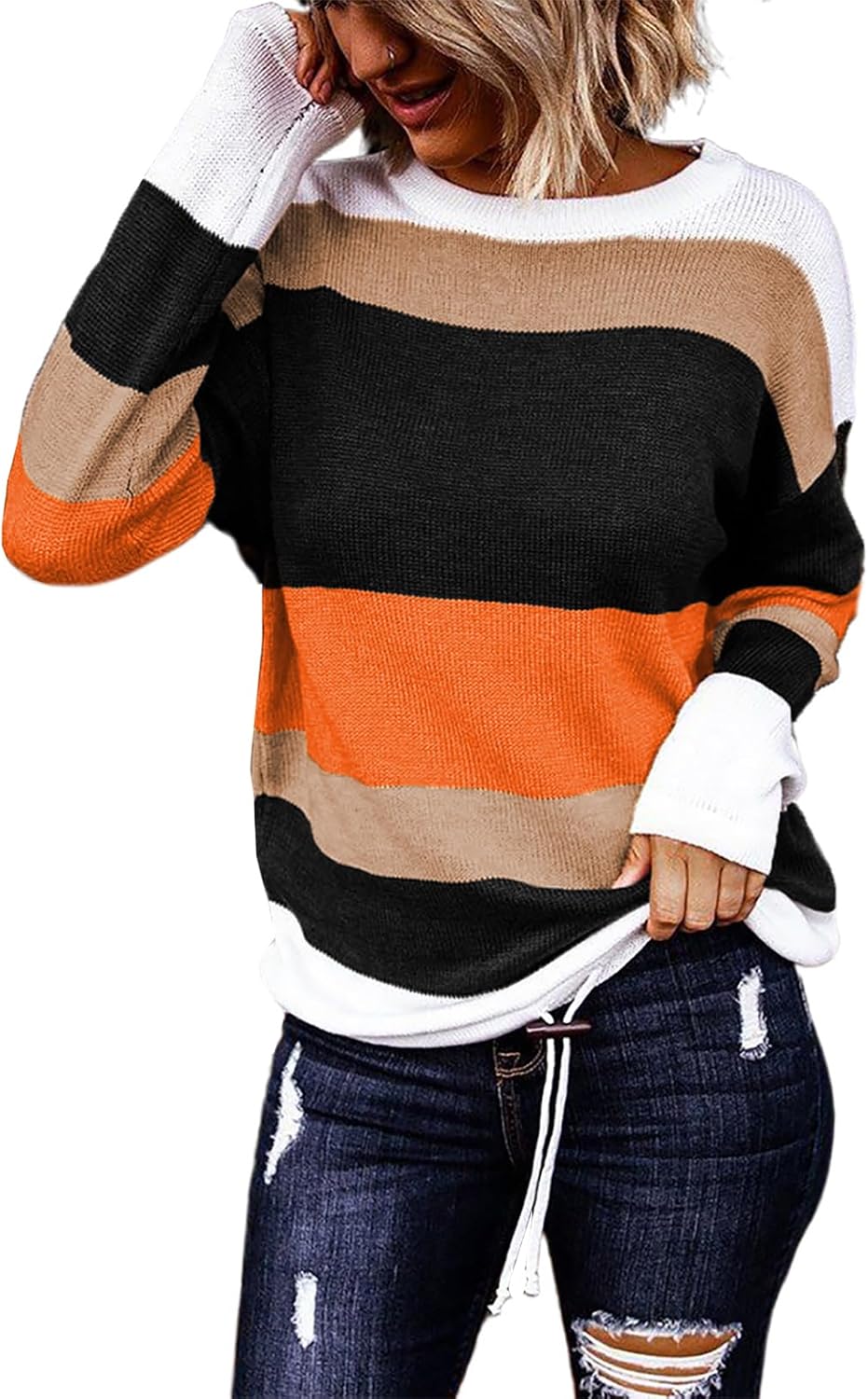 Dokotoo Womens Sweaters Striped Fall Winter Outfits 2025 Crewneck Drawstring Color Block Fashion Clothing Dokotoo Womens Sweaters Striped Fall Winter Outfits 2025 Crewneck Drawstring Color Block Fashion Clothing