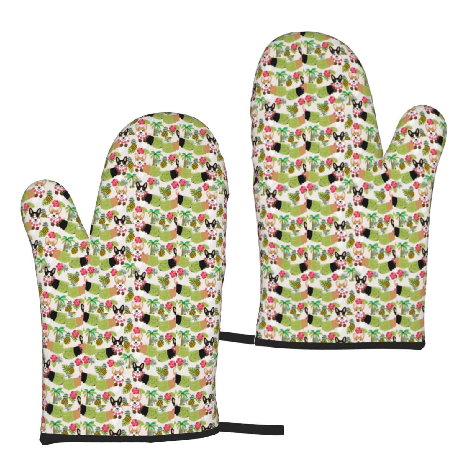 Corgi Hawaiian Tropical Summer Pineapple Print Universal Fit Comfort Gloves Protection Heat Resistant Oven Kitchen Baking Grilling