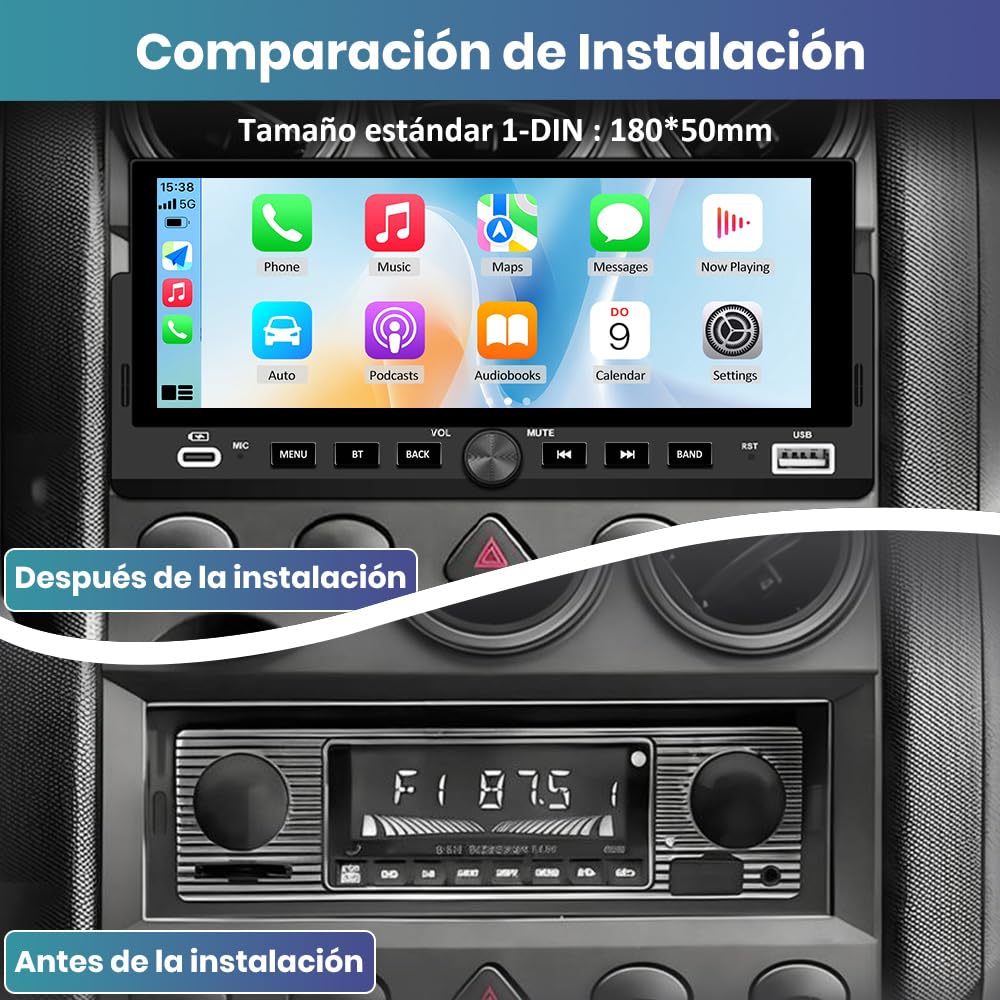 Junsun 6.86 Pulgadas 1 DIN Radio Coche Universal con Pantalla Táctil, con CarPlay/AndroidAuto/Admite Carga Type-C/USB/Micrófono/FM/EQ/GPS/Bluetooth 5.0/USB/SWC y Cámara Trasera con Cable 6M