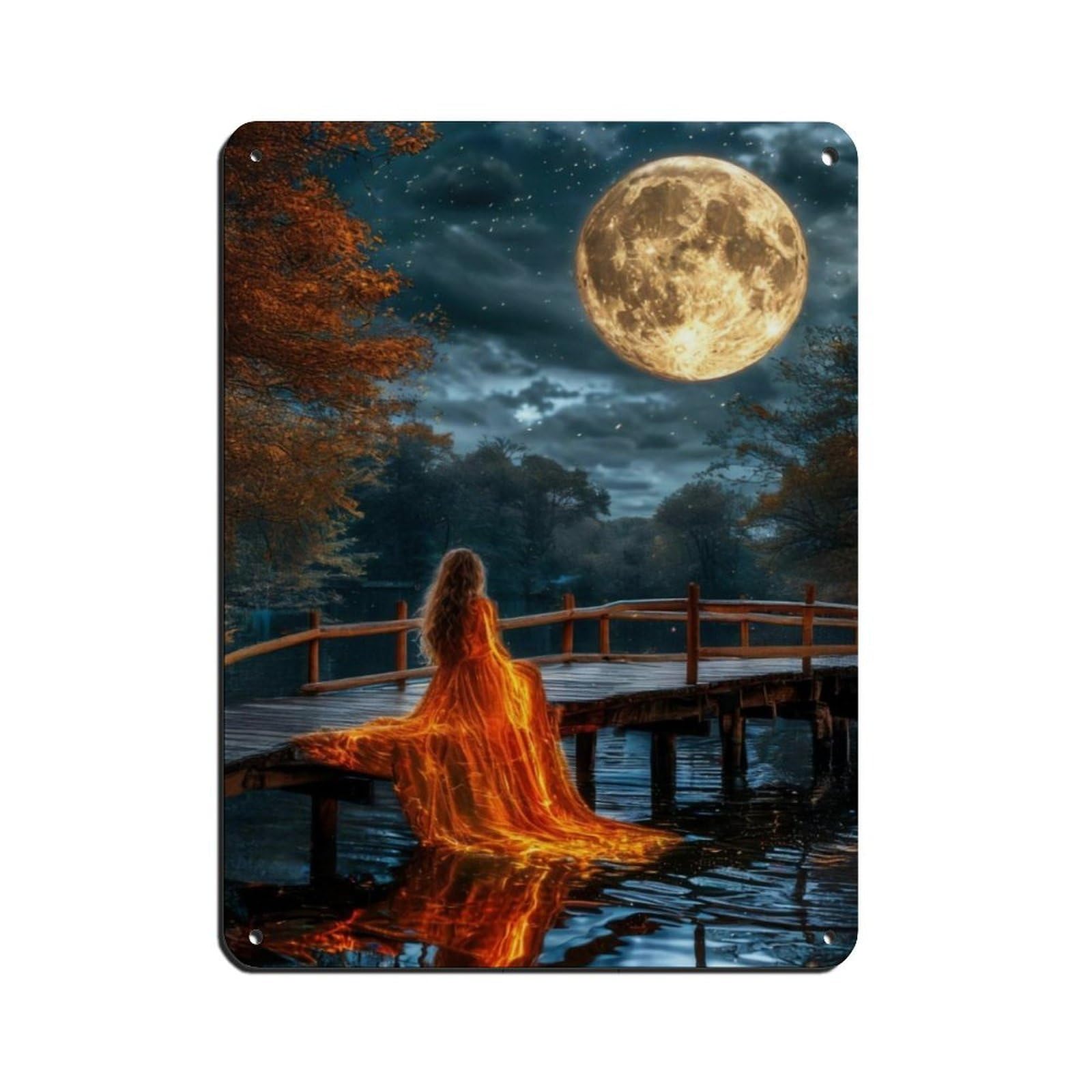 Moonlit Reflection,Woman in Fiery Dress Retro Poster Metal Tin Sign Chic Art Retro Iron Painting Bar People Cave Cafe Family Garage Poster Wall Decoration 12x16inch(30x40cm)