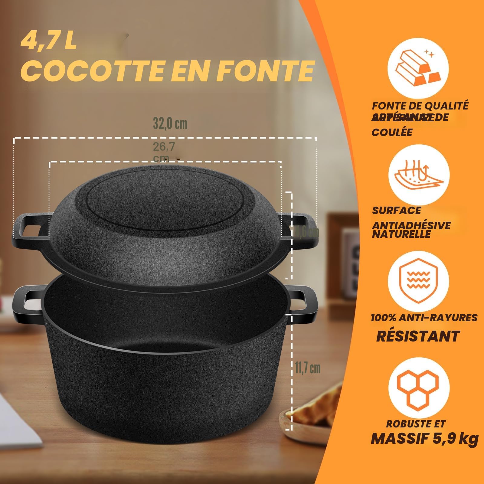Casserole en Fonte pour la Cuisson du pain, 26cm Cocotte Panier de Levage de Pain Banneton, Matériel de Cuisson de Pain au Levain, Marmite 2 en 1 avec Couvercle de Poêle, Poignées de Poêle, 4.7L