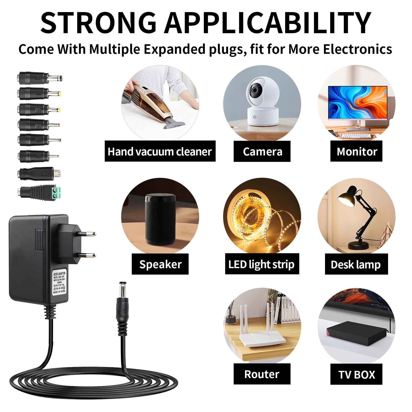 Adaptador de Alimentación 12V 3A 36W con Conector DC 5.5x2.1 mm con 8 Enchufes DC Desmontables, Cargador Universal 12V para Cámaras CCTV, Tiras LED, Router, Monitor LCD, Dispositivos Electrónicos — view 6