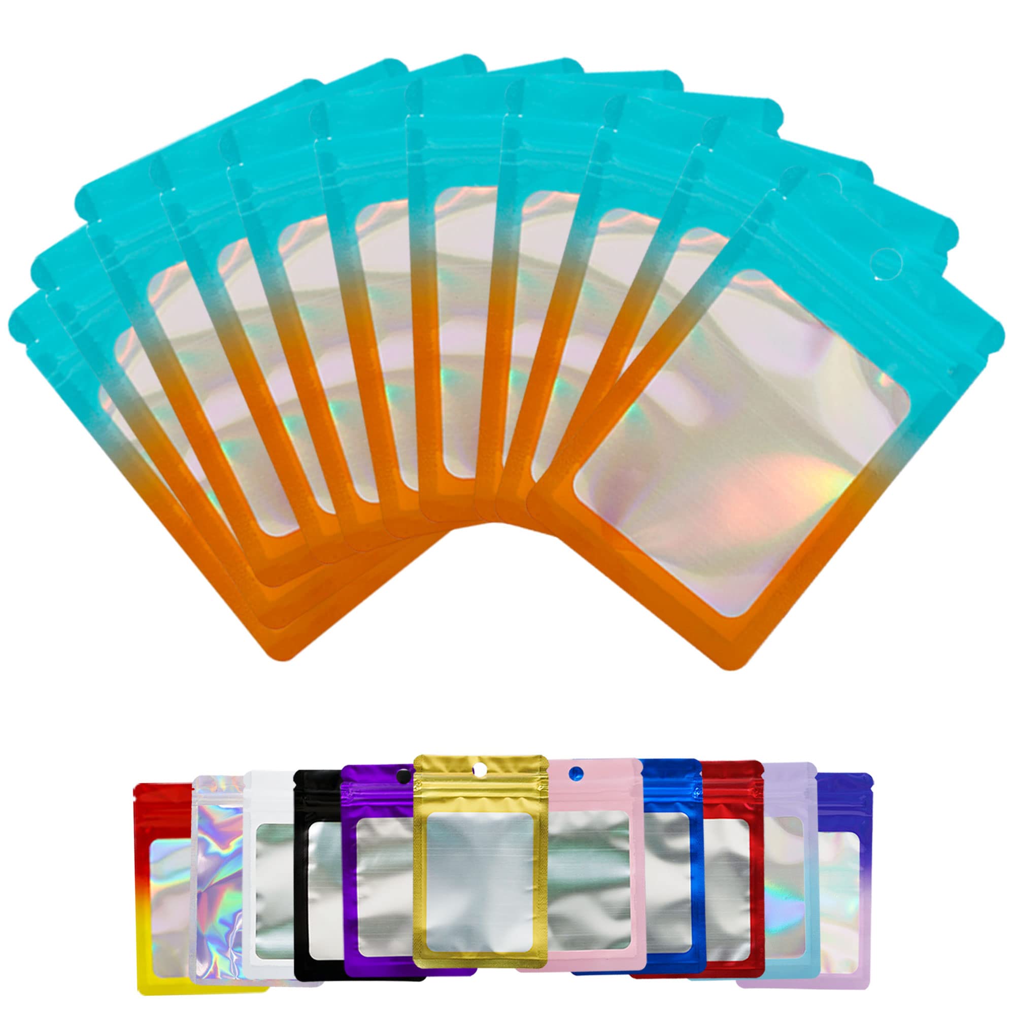 Funnyleaf 100 PCS Blue Fade Orange Resealable Mylar Holographic Bags Food Storage Smell Proof Bags with Front Window Packaging Pouch for Cookies