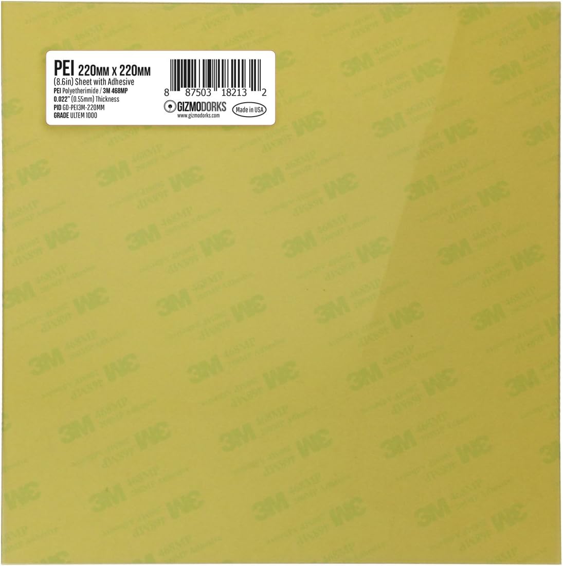 Gizmo Dorks PEI Sheet 3D Printer Build Surface 220mm x 220mm (8.6" x 8.6") with Laminated 3M 468MP Adhesive, Made in The USA