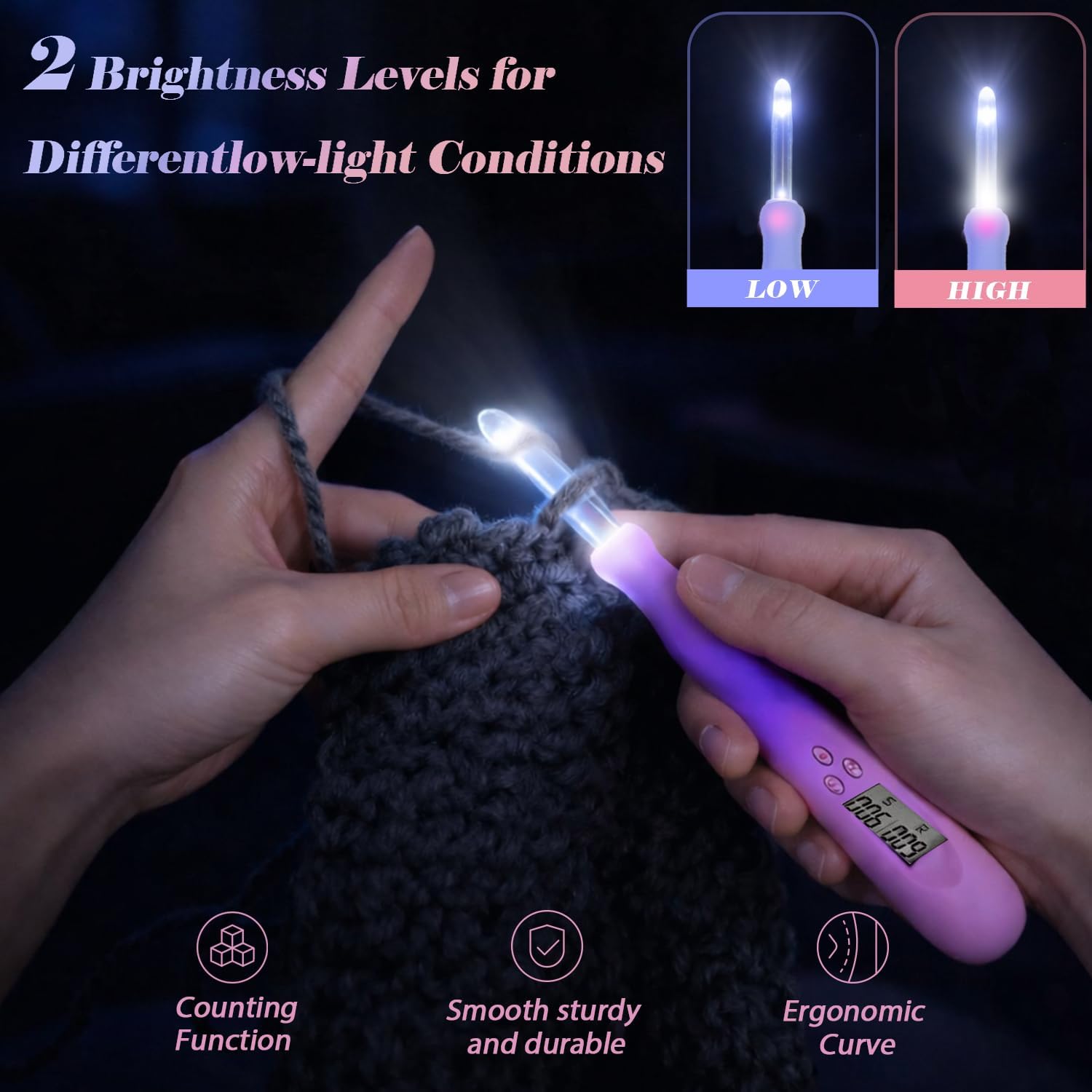 Yarniss Light Up Crochet Hooks with Upgrade Screw Knob Handle,11 Size Lighted Crochet Needle with Counter 2.5~8.0mm,Glow in Dark Crochet Hooks with Gradiant Ergonomic Handle