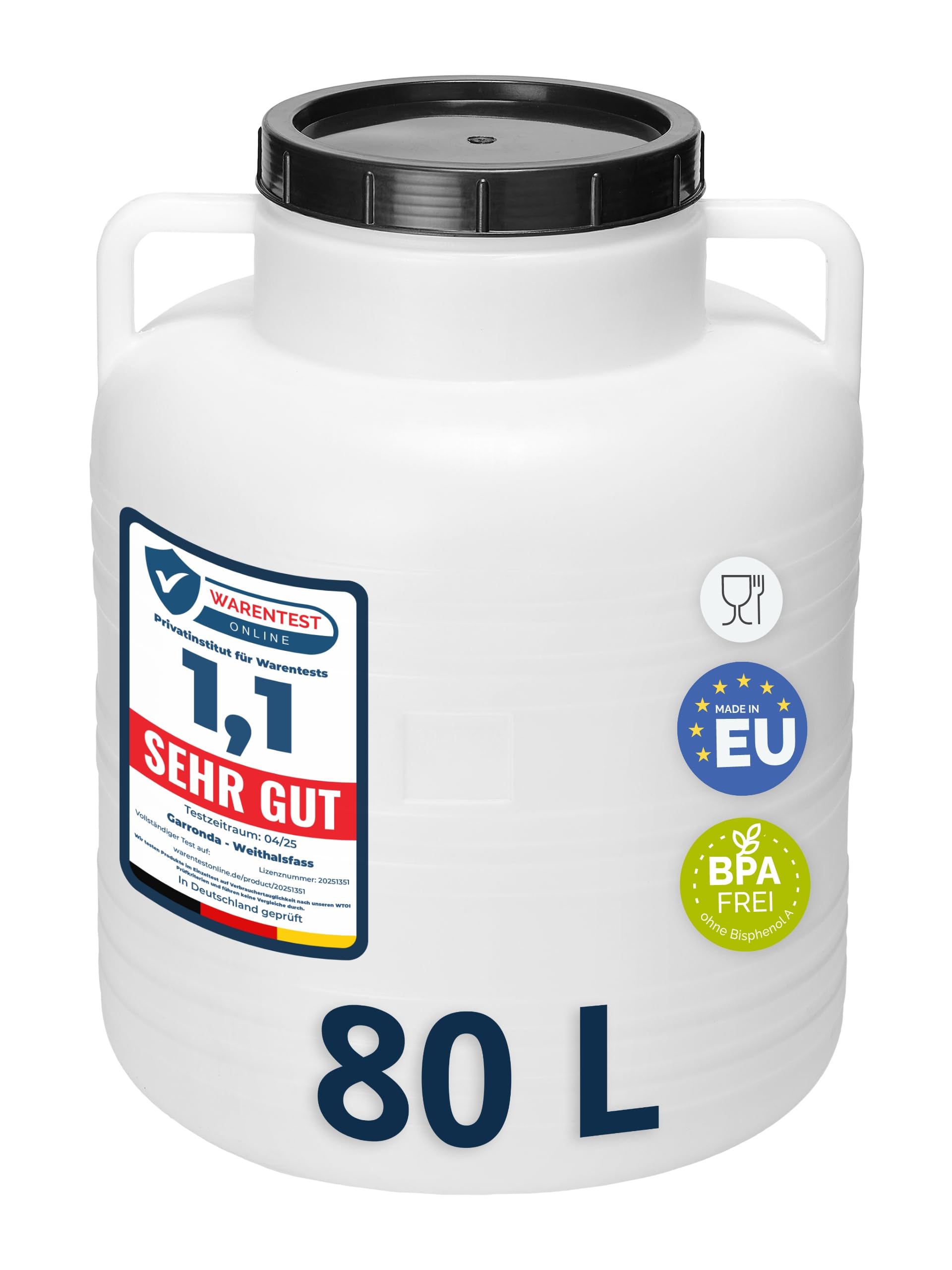 Garronda 80 Liter BPA-freies Fass und Futtertonne Weithalsfass Wassertank und Behälter mit Deckel für Sauerkraut sowie Surfass Pökelfass für Fleisch GD-0087 Weiß