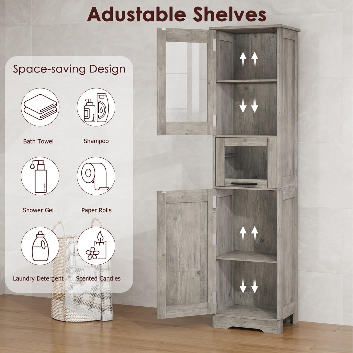 Armario Baño Alto Estrecho, Mueble de Baño con Puertas y Estante Ajustable, para Baño, Lavandería y Espacios Pequeños, Gris, 40×31×170 cm