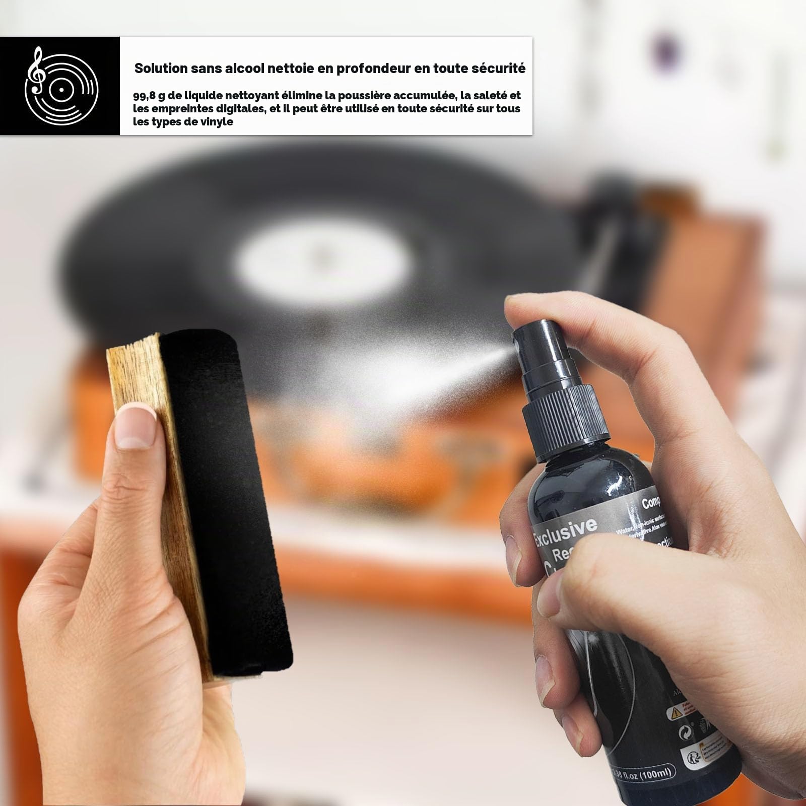 Kit de nettoyage de disques vinyles - Accessoires pour tourne-disque vinyle - Comprend une brosse en velours doux, une solution de nettoyage, une brosse à stylet et une brosse pour velours