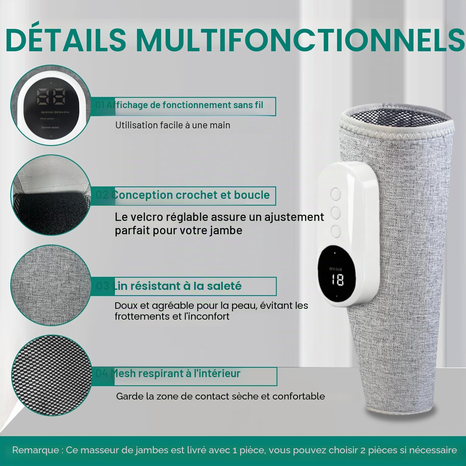 Masseur Jambes Sans Fil avec Chaleur et Compression Masseur de Mollets avec 3 Modes 3 Intensités Appareil de Massage pour Circulation Sanguine Drainage Lymphatique Relaxation Musculaire (1 Pièce)