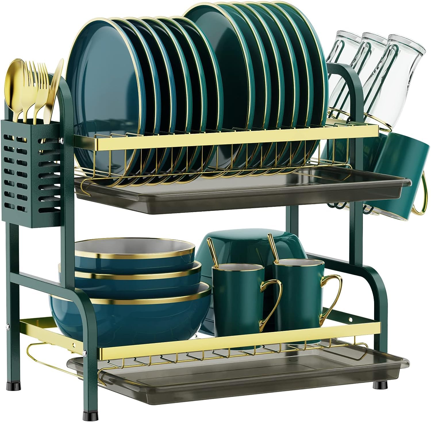 Dish Drying Rack,2 Tier Stainless Steel Dish Rack Drainboard Set,Utensil Holder, Cup Holder,Dish Drainer for Kitchen Counter,Space-Saving (GreenGold"H"Shaped)