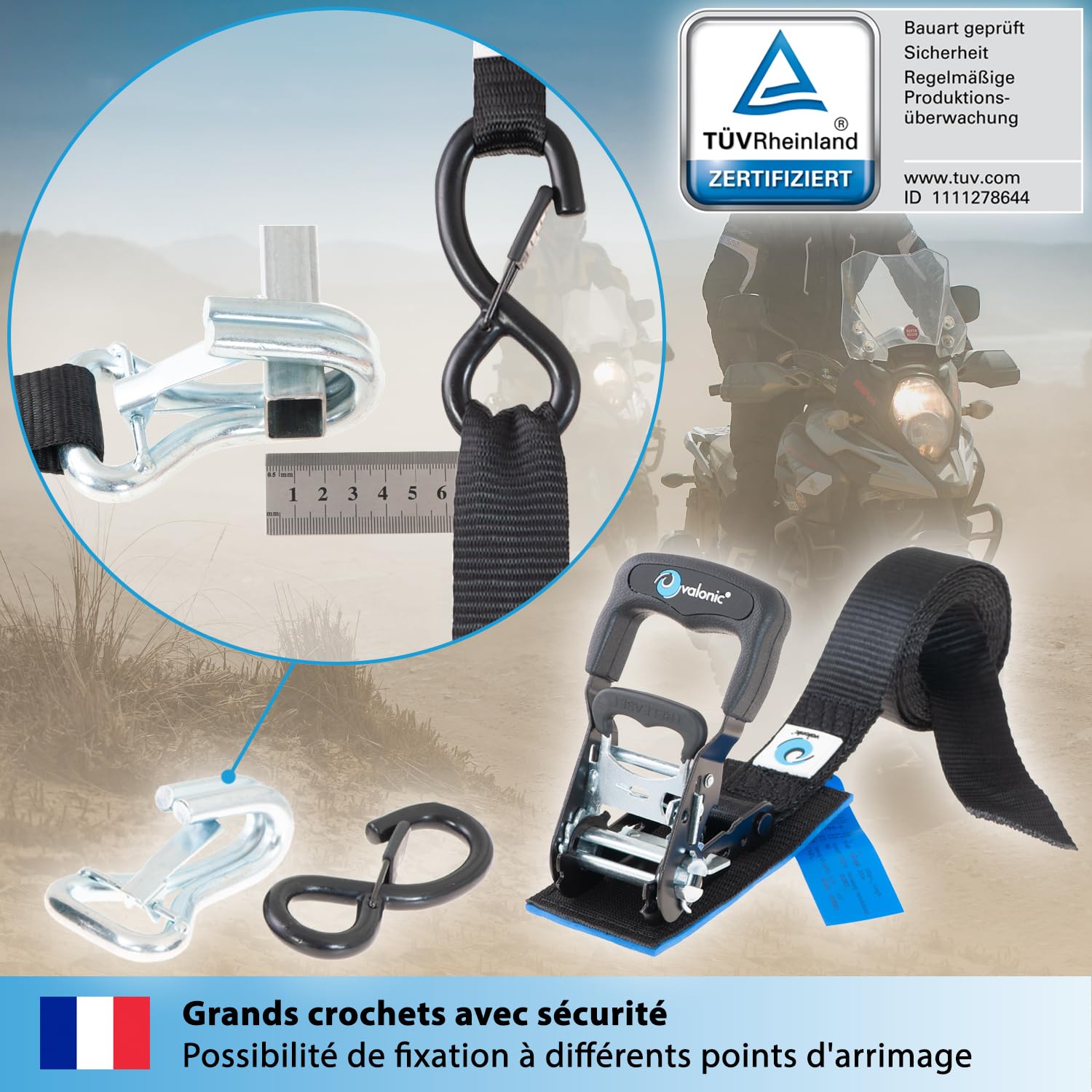 valonic Panther -2X 2,25m Sangles a cliquet avec Crochet, 35mm, 650/1300 Kg, rembourrées, Certifié TÜV Rheinl. / GS en 12195-2 - Course de Serrage Ultra Courte