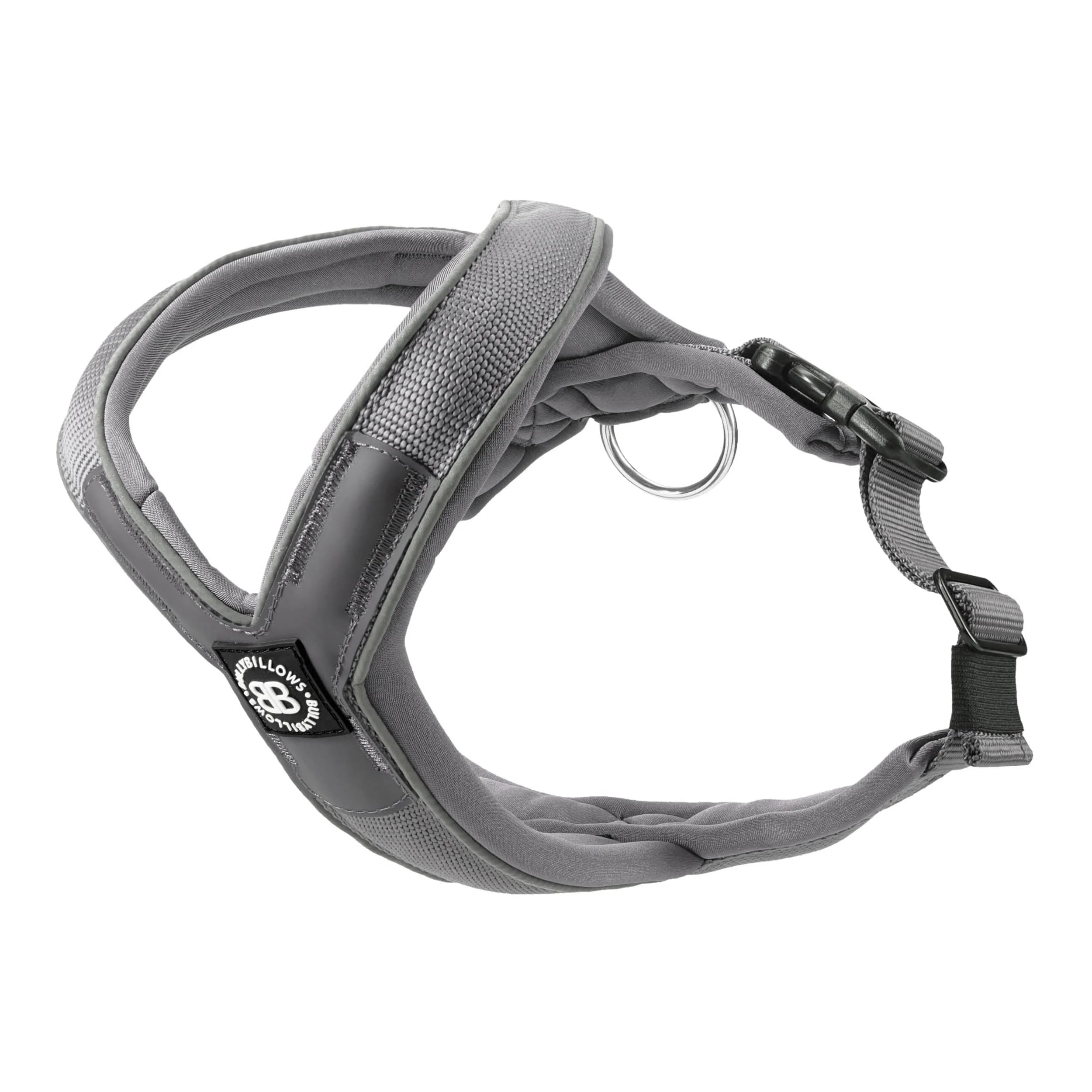 BullyBillows Slip-On Dog Harness - Foam Padded, Neoprene-Lined, Adjustable, Non-Restrictive Y-Shape with Reflective Strips & Stainless Steel D-Loop |Metal-Grey | X Small