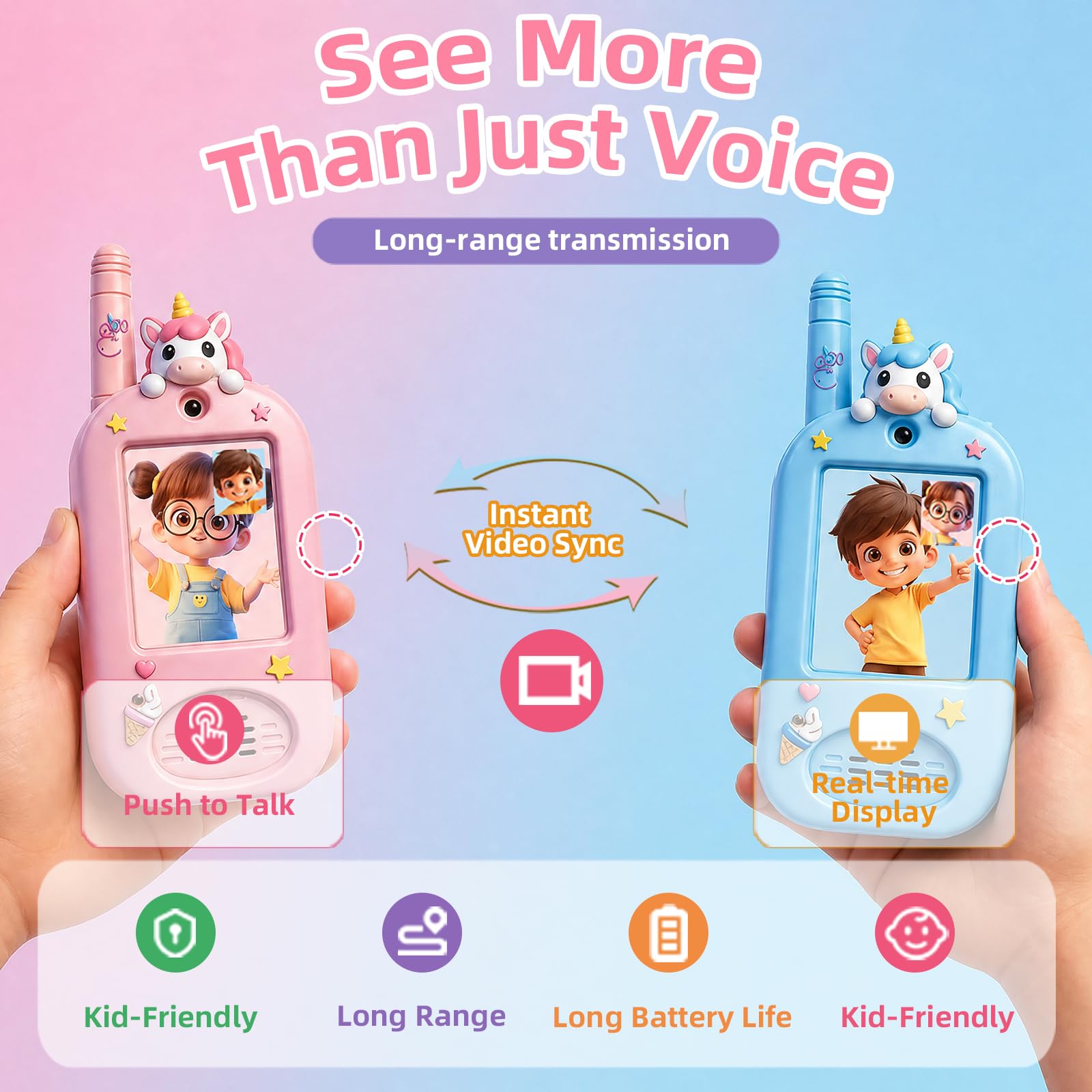 Kinder Video-Walkie-Talkies, 2er-Set, wiederaufladbar mit HD-Kamera & Display, Fotospeicher, Zwei-Wege-Video- & Sprachfunktion mit Stimmenverzerrer, für drinnen & draußen, 3–12 Jahre (Pink & Blau)