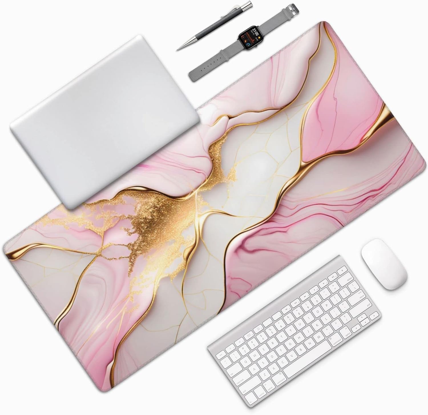 Gaming Mouse Pad,Large Mouse Pads for Desk,Non-Slip Rubber Base Extended Mousepad,XXL Keyboard Mouse Mat,Computer Keyboard Desk Pad with Stitched Edges,35.4x15.8inch,Pink Gold Marble