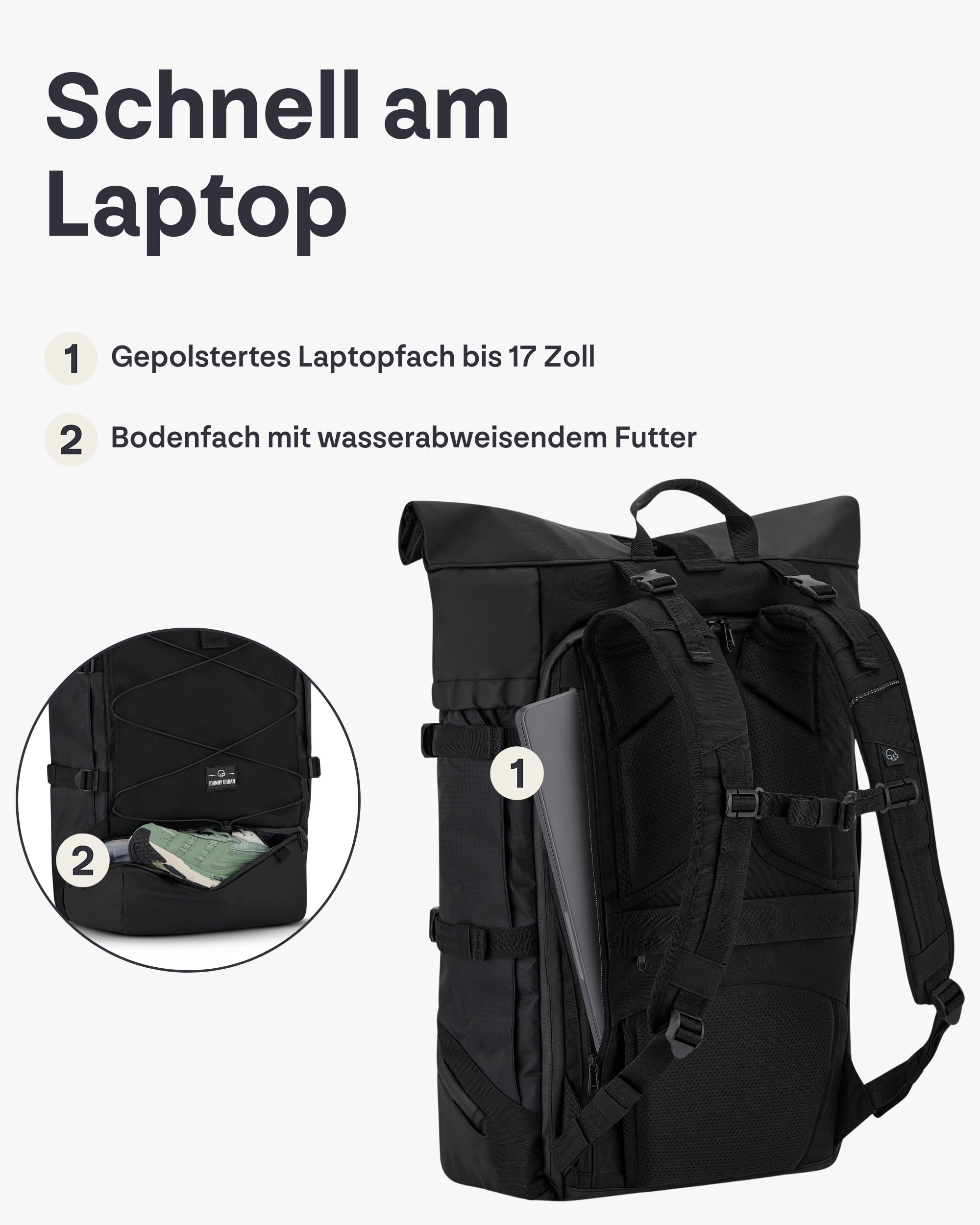 Johnny Urban Reiserucksack Damen & Herren Schwarz - Allen Travel XL - 48L Rolltop Rucksack Groß - Idealer Backpack für Reisen Ausflüge Trips - Wasserabweisend