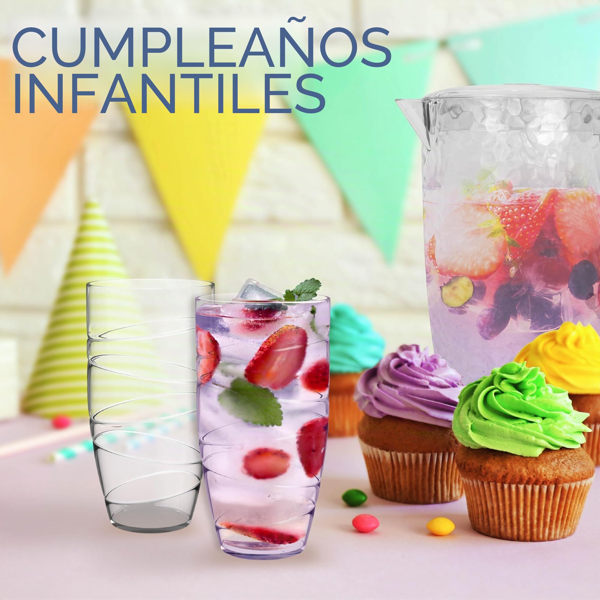 HEFTMAN Juego de 12 vasos de plástico acrílico de 550 ml con diseño en espiral, apilables, reutilizables, para jardín, picnic, camping, barbacoas, fiestas o uso diario (transparentes)