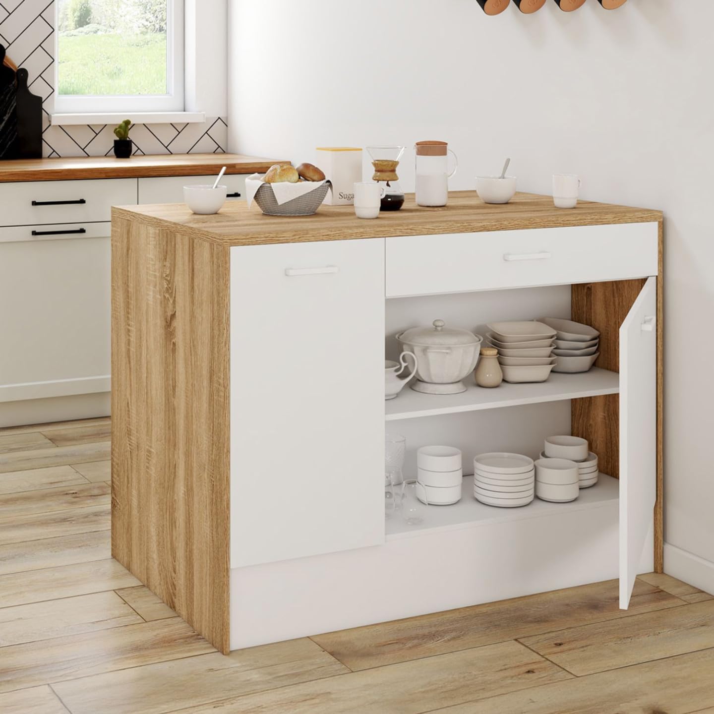 IDMarket - Ilot Central LIO Maxi capacité de Rangement Bois et Blanc