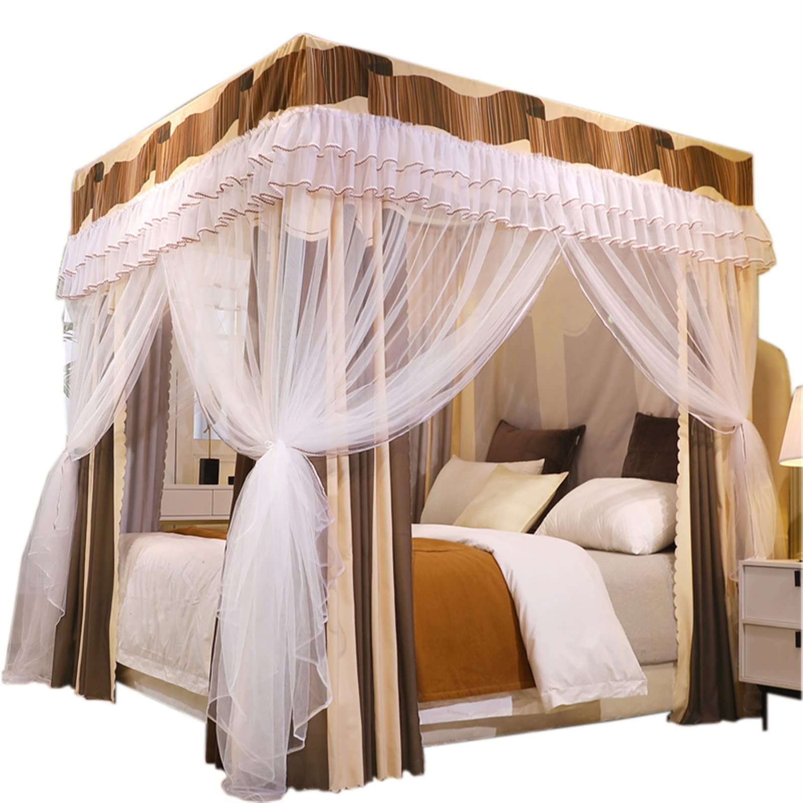 GTHTUHFD Bed Canopy Bedroom Mosquito Nets, Princess Style Bed Curtains For S Room, 4-Corner Support Bed Canopy,Brown-150x200x200cm