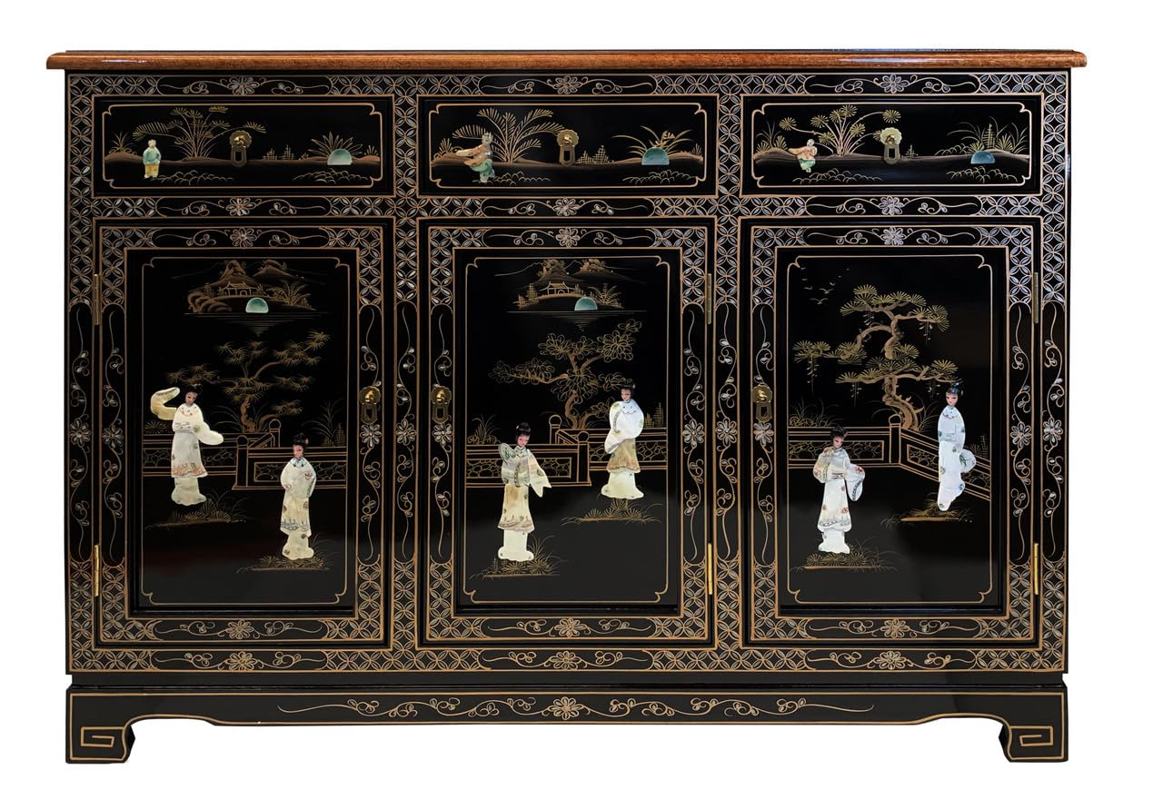 46" W. Oriental Black Lacquer Buffet Inlaid with Mother of Pearl