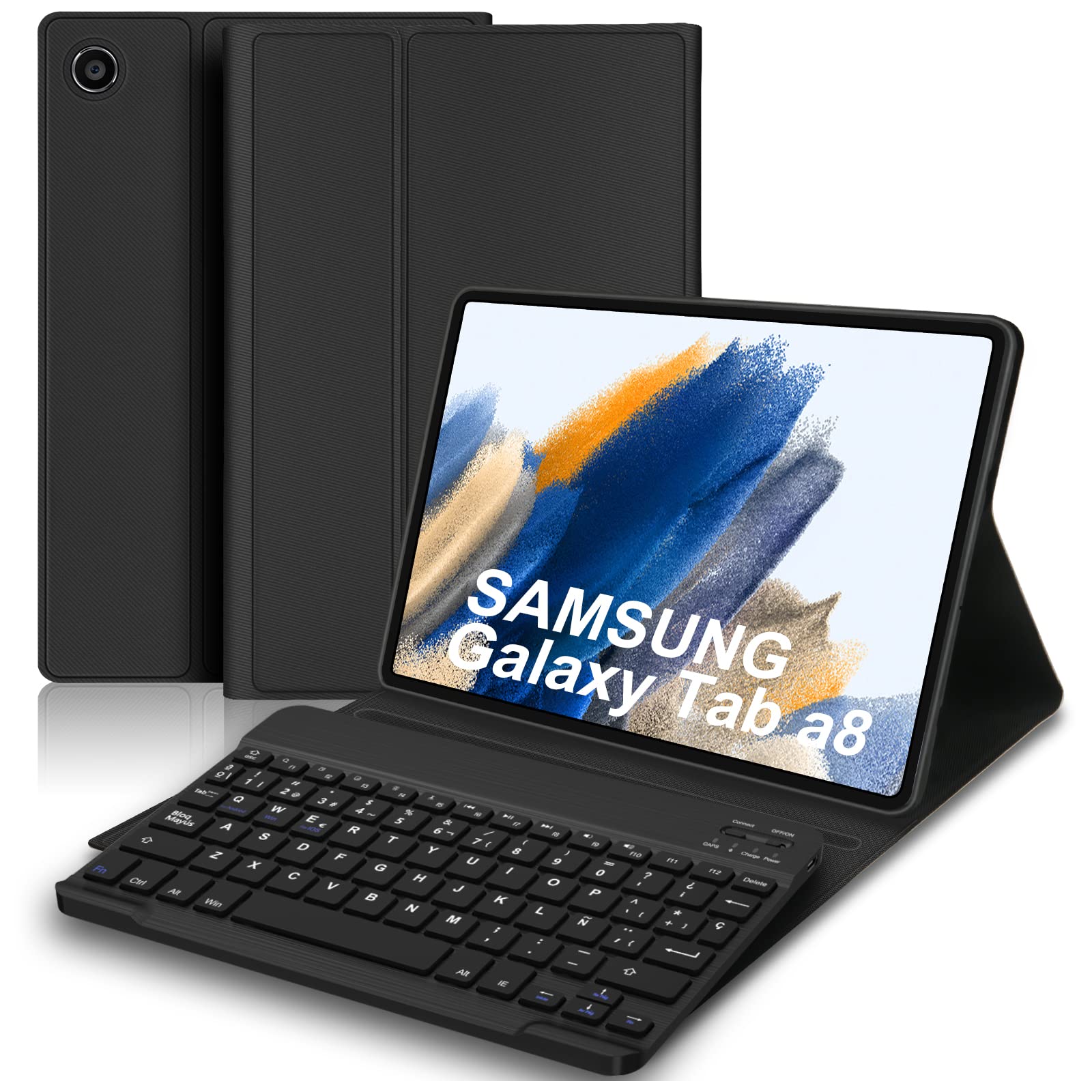 IVEOPPE Funda con Teclado para Samsung Galaxy Tab A8 10.5 2022/2021 (SM-X200/X205/X207), Funda de Cuero Ultra Delgada,Teclado Español Ñ Bluetooth Inalámbrico Magnético Desmontable, Negro