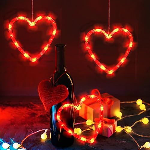 Miniatura 2 de Luces de ventana para el día de San Valentín, 3 luces de corazón de decoración de San Valentín con ventosa, temporizador, luces de cadena de luces