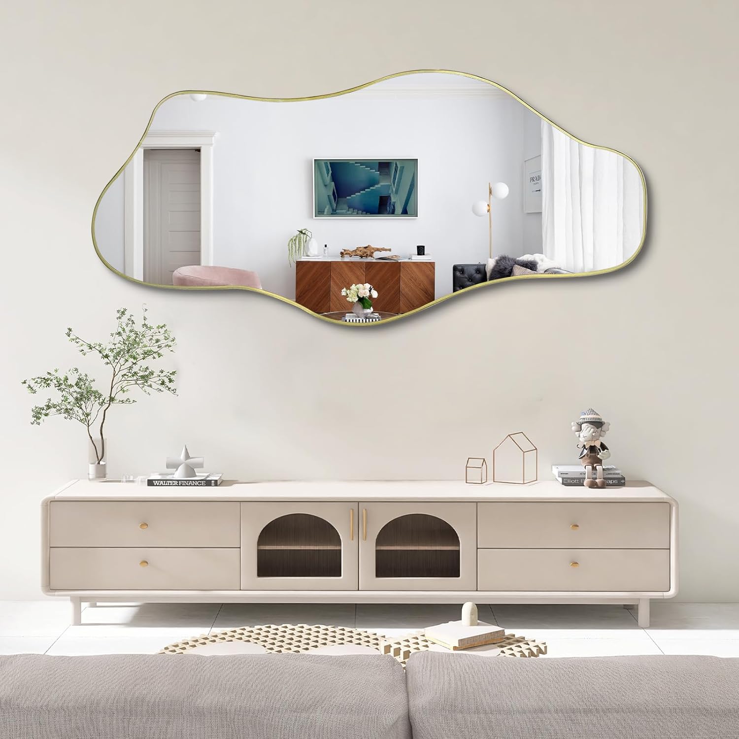 Irregular Mirror Full Length, 67"x31" Large Asymmetrical Tempered Glass Mirror, Gold Organic Frameless Wall Mirrors for Living Room Bedroom Hallway Entryway, Horizontal or Vertical Hanging