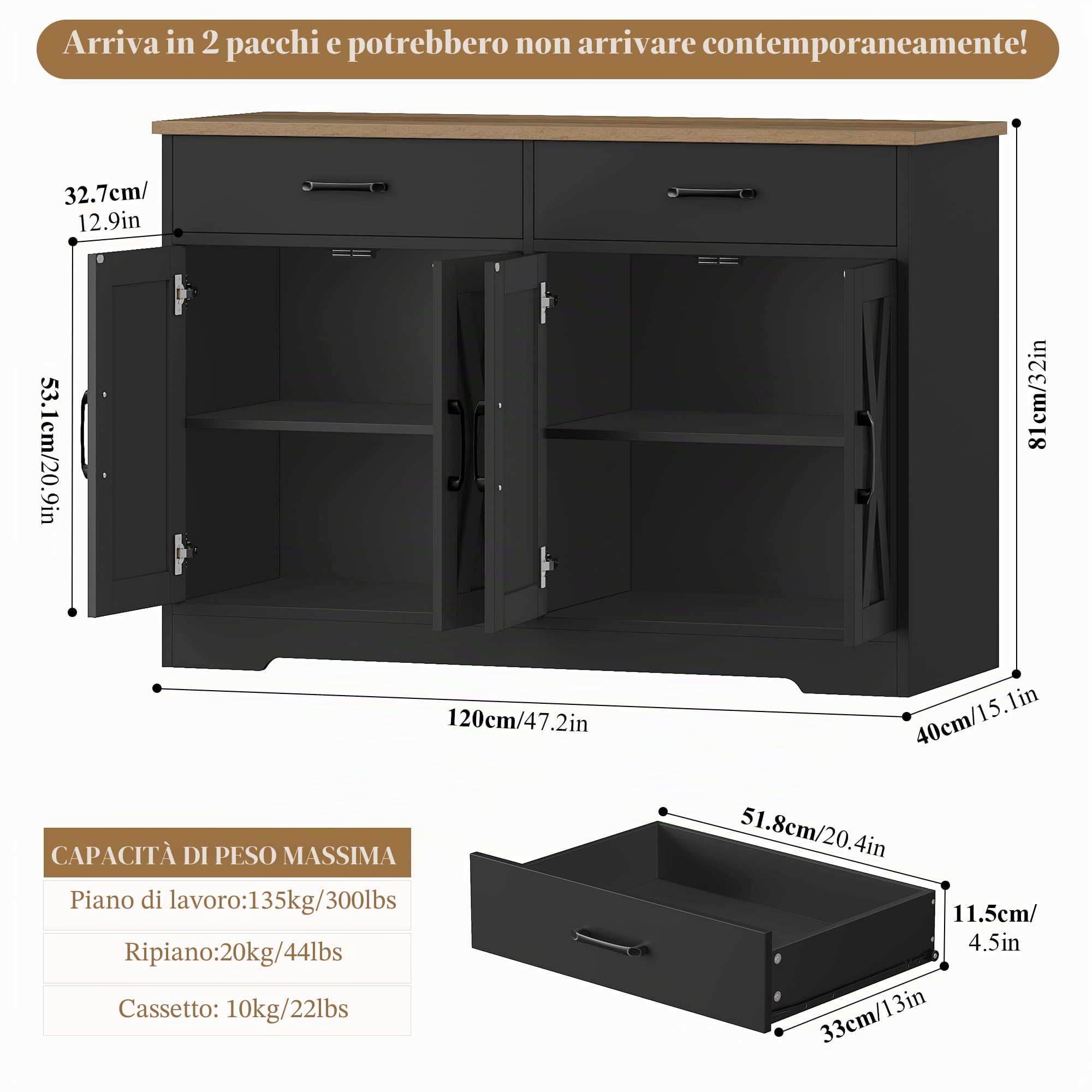 HOCSOK 120 cm Credenza Cucina, Mobile Cucina con 2 Cassetti e 4 Armadi，Buffet Mobile Moderno, Credenza Soggiorno, Mobile per Cucina Ingresso Foyer, Sala da Pranzo, Nero +Marrone