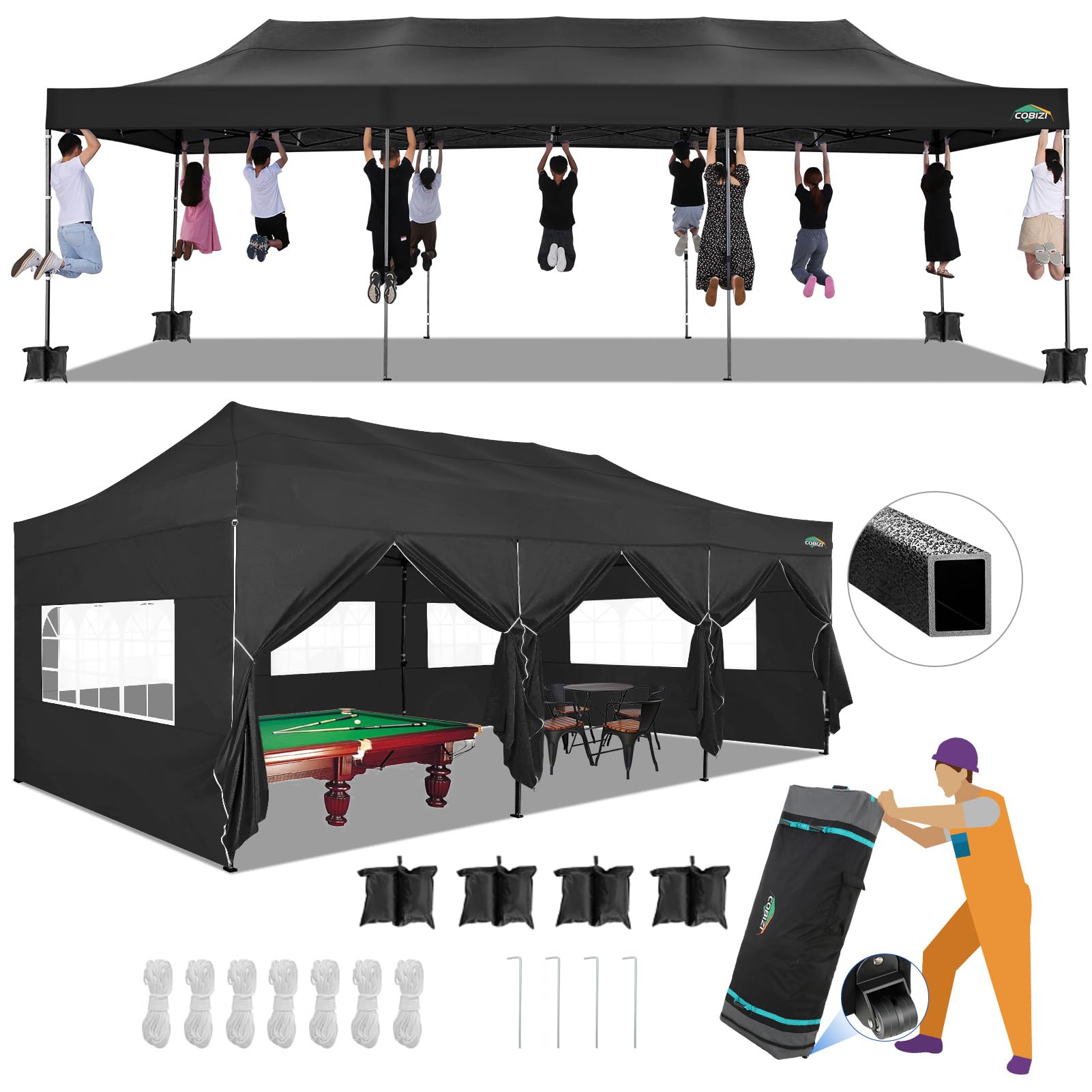 COBIZI 10x30 Pop up Canopy Tent 10x30 Canopy with Sidewalls, Heavy Duty Party Tent Tents for Parties, Foldable UPF 50+ Waterproof Commercial Easy up Canopy with Roller Bag, Black(Windproof Upgraded)