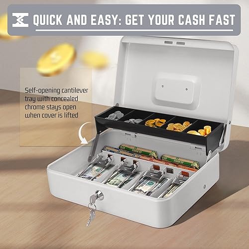 Miniatura 4 de Flexzion Caja de efectivo con llave, caja de dinero para negocios en efectivo, cajero y dinero en efectivo, caja de metal blanco con llave de