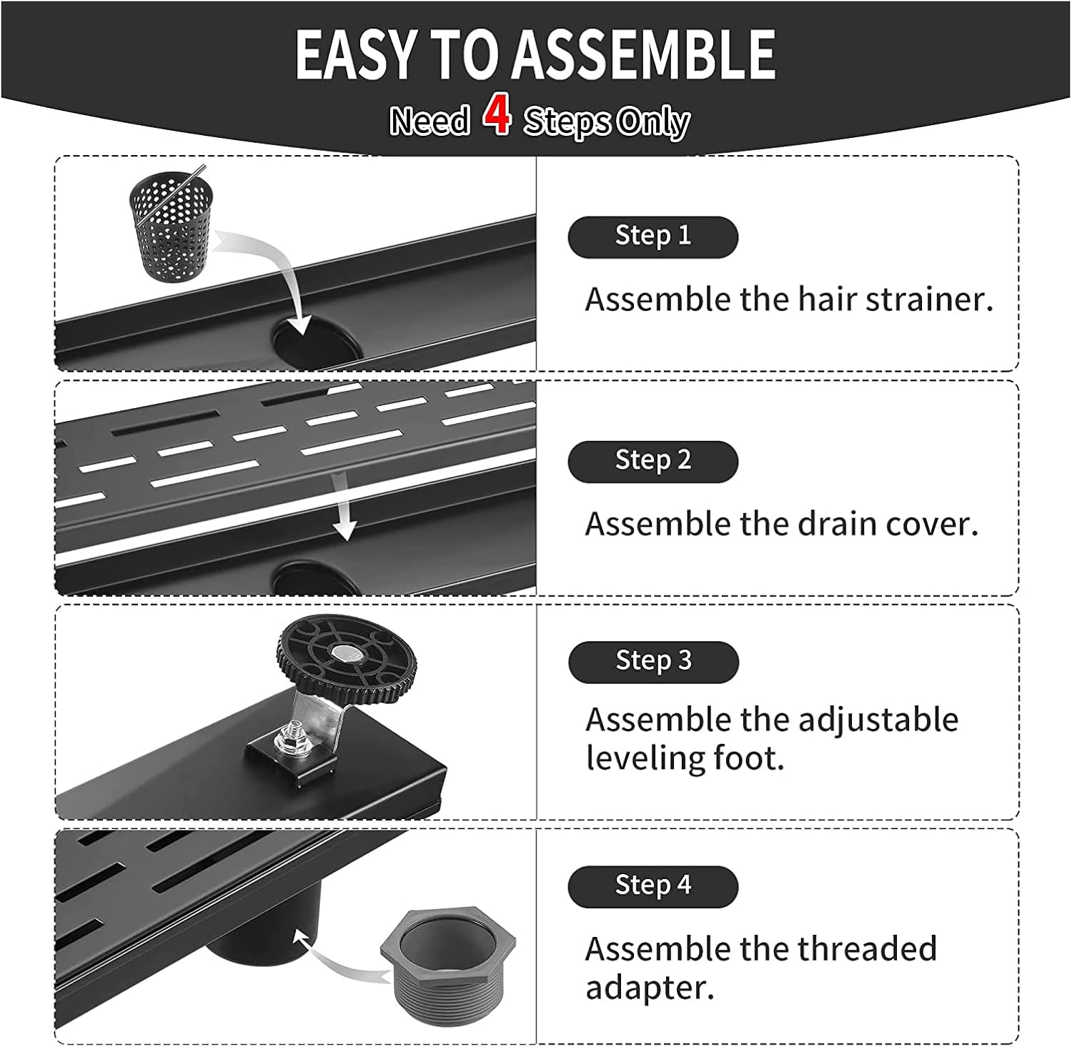 Linear Shower Drain, Matte Black Shower Drain 24 Inch with Removable Grate, SUS-304 Stainless Steel Rectangle Floor Drain with Leveling Feet and Hair Strainer, Bathroom Modern Drain SD-101