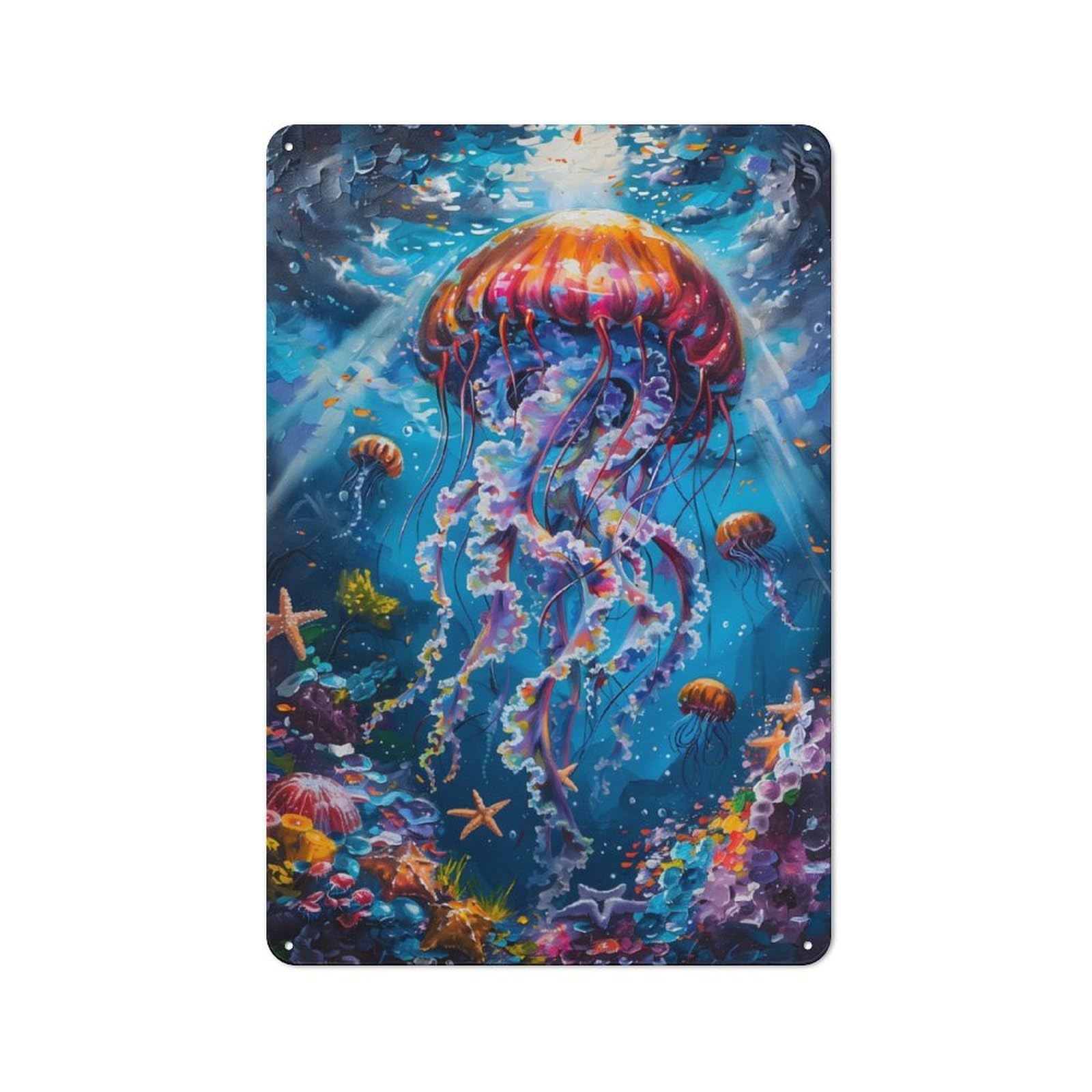 Vibrant Jellyfish Underwater Retro Metal Sign 30x20cm, Distressed Look Retro Room Decor for Living Room, Hallway, Kitchen Or Cafe