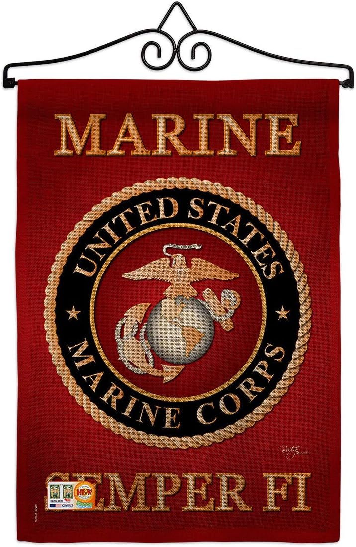 Marine Corps Burlap Garden Flag Set Wall Hanger Armed Forces USMC Semper Fi United State American Military Veteran Retire Official Small Gift Yard House Banner Double-Sided Made In USA 13 X 18.5