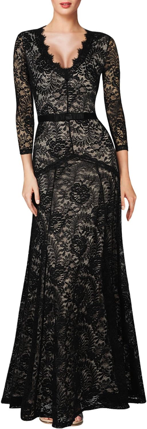 Lace Long Sleeves Long Formal Cocktail Evening Gown Dress Black