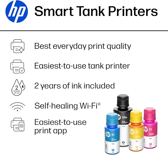 HP Smart-Tank 5000 Wireless All-in-One Ink Tank Printer with Up to 2 Years of Ink Mobile Print, Scan, Copy, White, 17.11 x 14.23 x 6.19