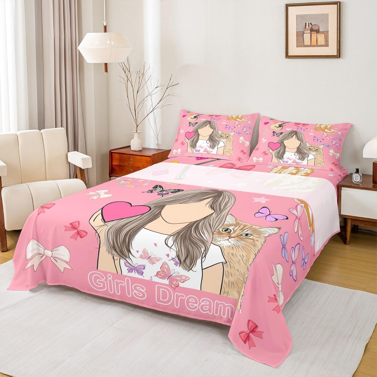 Erosebridal Pink Music Themed Full Bedding Set,Disco Ball Guitar Bed Sheets Set for Kids Girls Teens,Cowgirl Boot Sheets Cute Bow Butterfly Fitted Sheet Set,2 Pillowcases Room Decor