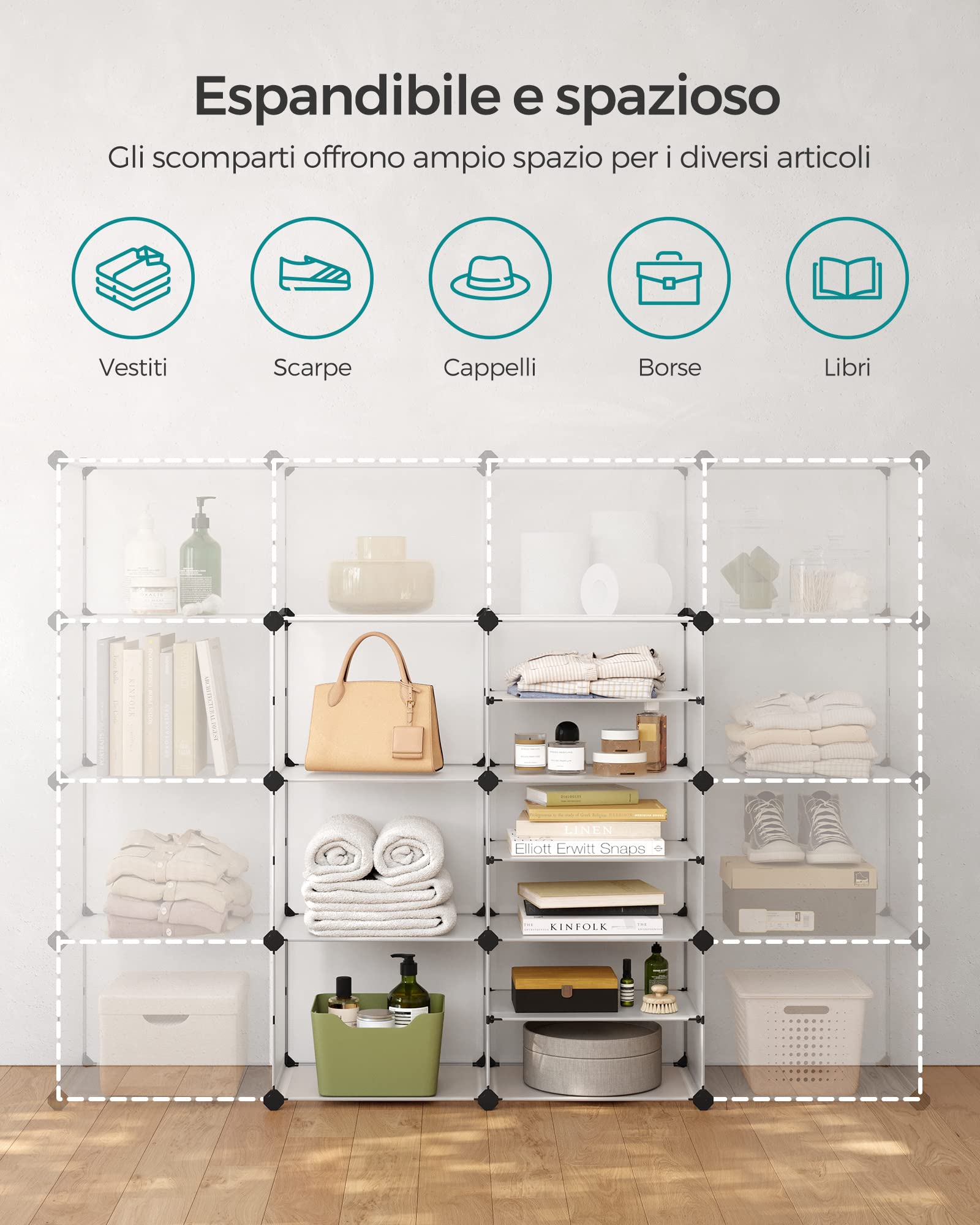 SONGMICS Scaffale a 9 Scomparti, Organizzatore Modulare, Scarpiera, Scomparto 30 x 40 x 30 cm, 30 x 40 x 15 cm, Soggiorno, Camera da Letto, Studio, con Martello di Gomma e Ferro, Bianco LPC36W