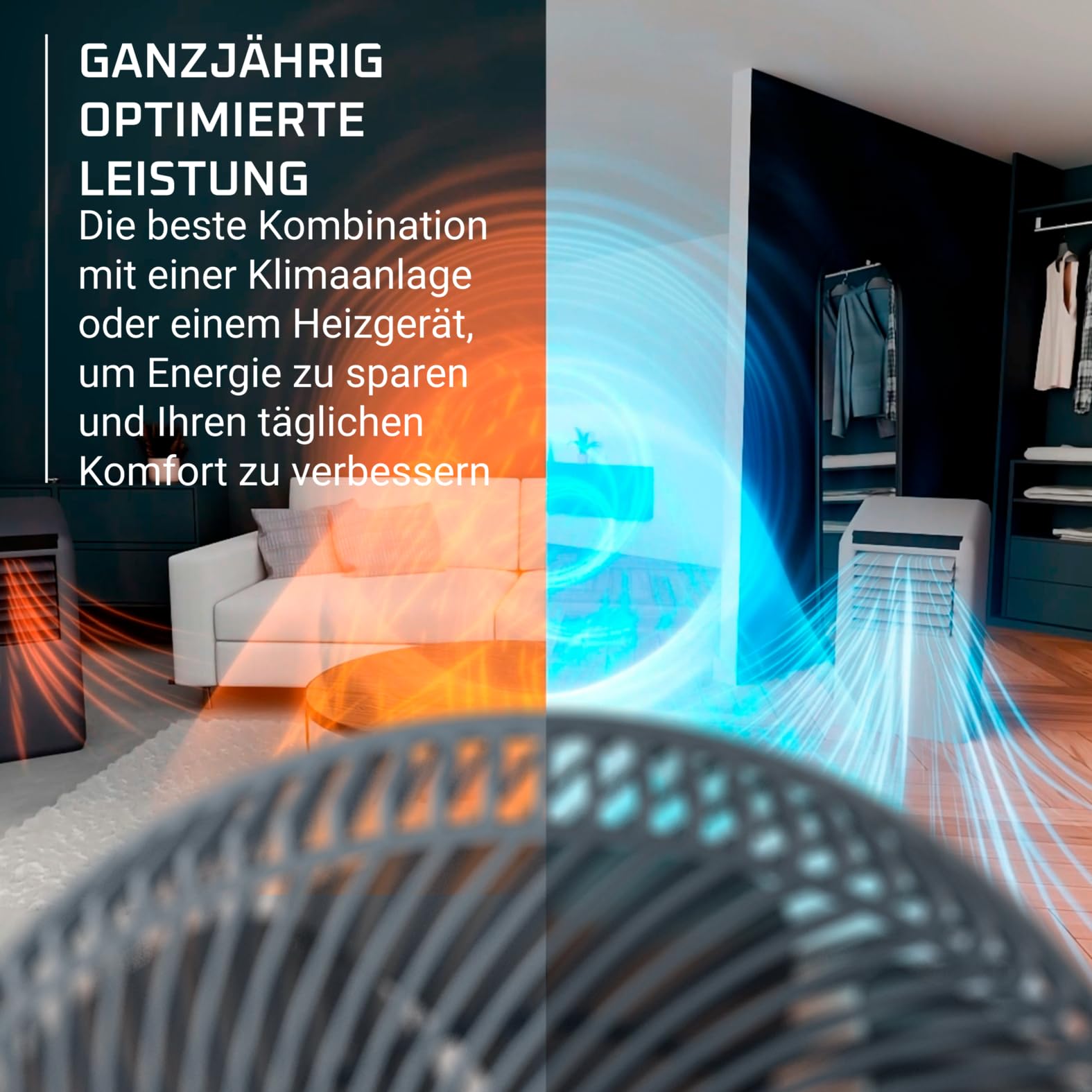 Rowenta Turbo Swift Compact Tischventilator, multidirektionale Schwenkfunktion, bis zu 50% Energieeinsparung, 12 Geschwindigkeitsstufen, 12h Timer, kompaktes Design, extrem leise, Blau, QV2540F0