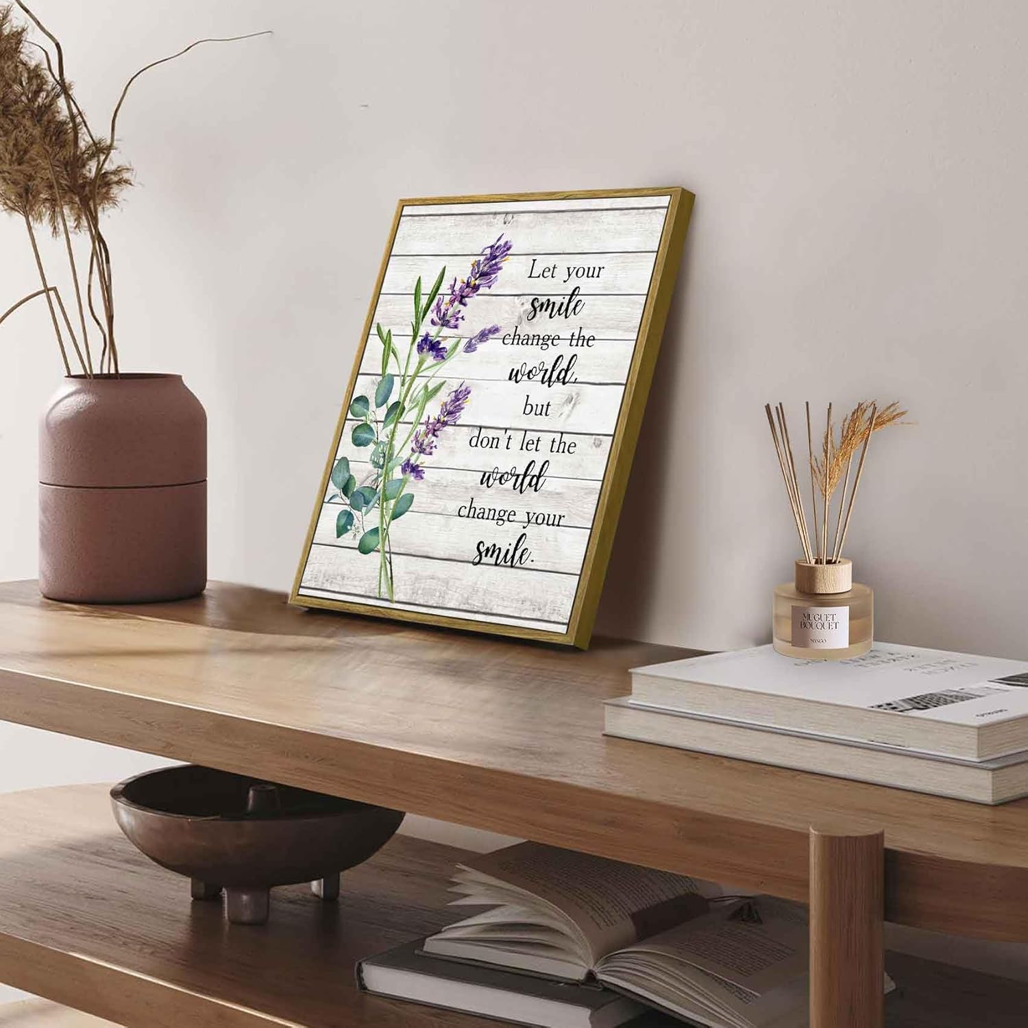 LB Purple Lavender Wall Art for Bathroom Green Eucalyptus Leaves Framed Canvas Wall Art Wall Paintings Home Decor Inspirational Wall Pictures for Living Room Bedroom Office Ready To Hang,12x17 Inch