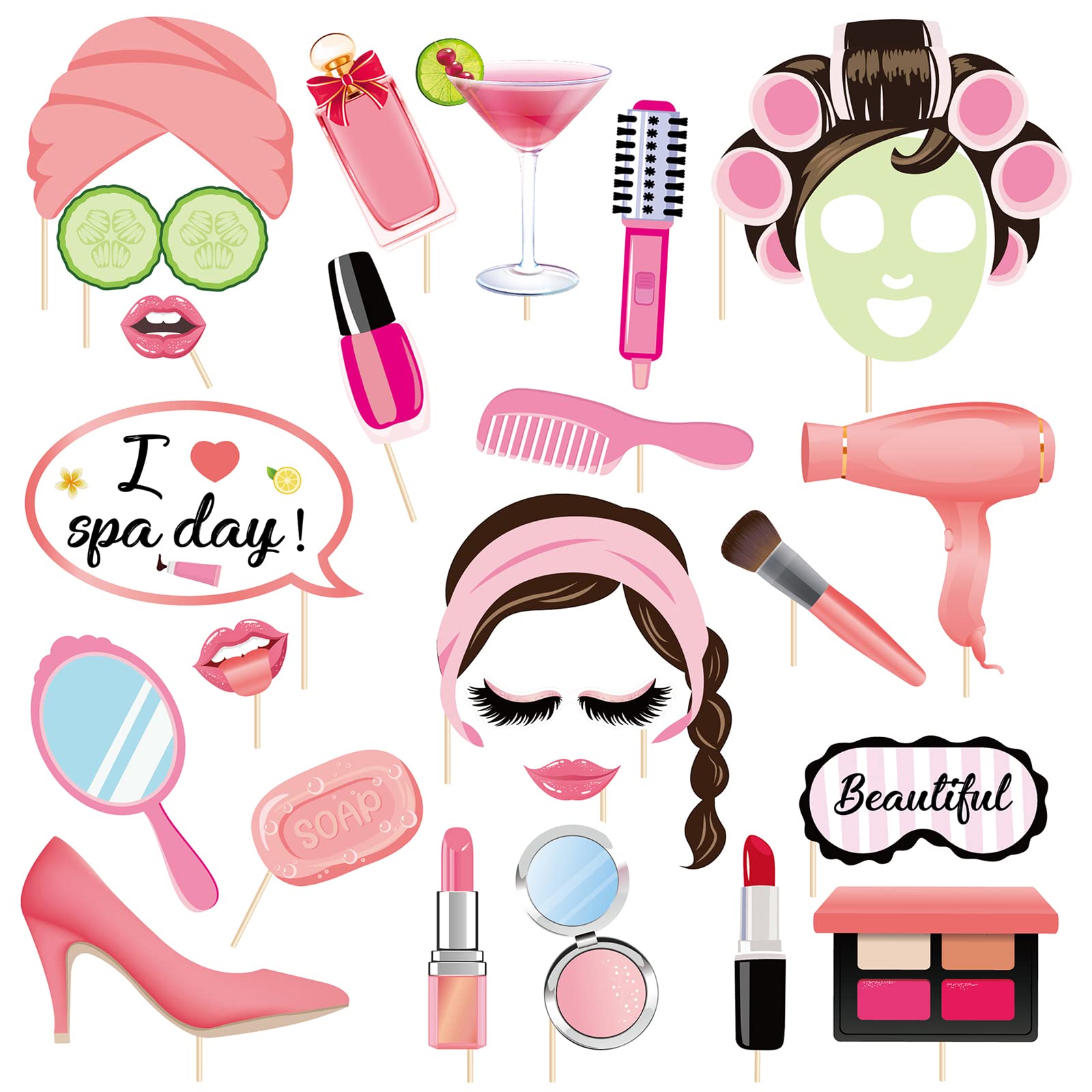 AIBAOBAO Spa Theme Party Photo Props, Spa Day Funny girls Makeup Selfie Props Nail Girl Theme Decorations Make Up First Birthday Party Supplies for Kids Party Favour, Girls Party, 24 PCS, 70 x 140 cm