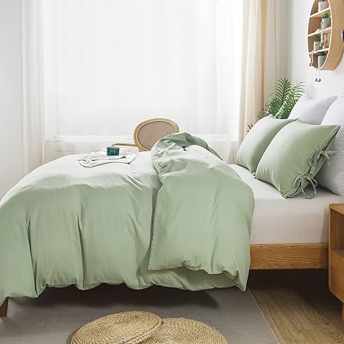 Miniatura 4 de Caressma Juego de funda de edredón bohemia con flecos y pompones, tamaño Queen, microfibra lavada suave, 3 piezas, funda de edredón verde salvia