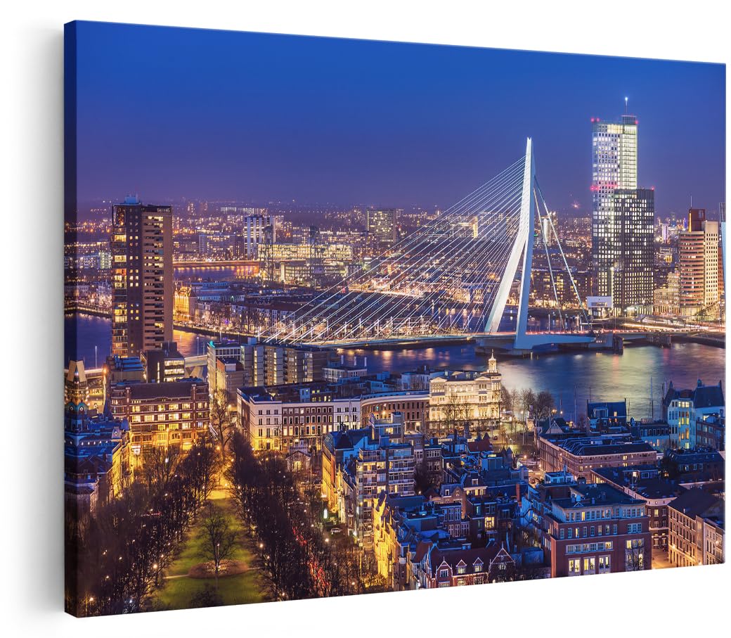 Artaza Cuadros Decoración Salón Modernos Skyline Rotterdam - 60x40 cm - Cuadros Decorativos Ciudad - Decoración Pared Puente - Lienzo Nocturno