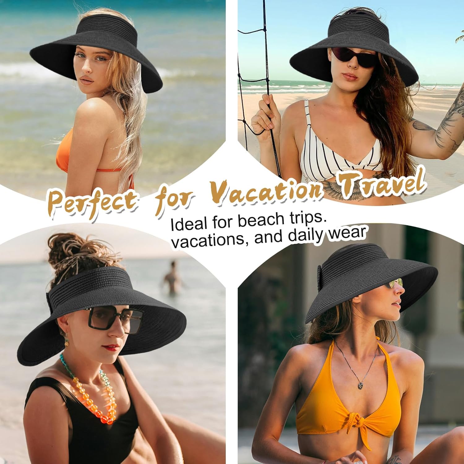 Women's Sun Visor Hats Wide Brim Straw Beach Hat Ponytail Hats for Women Foldable Floppy - Image 7