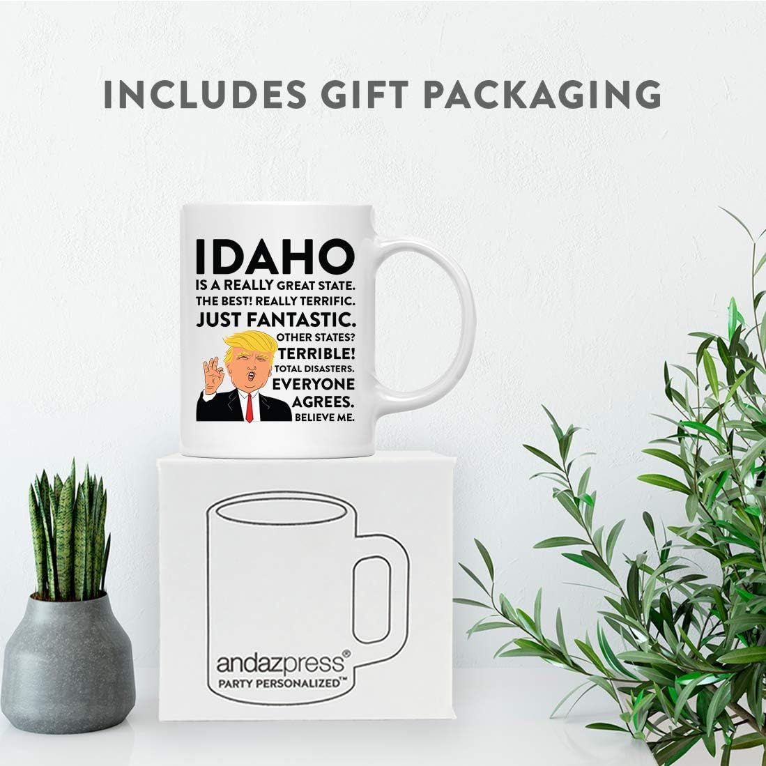 Andaz Press Funny President Donald Trump 11oz. Coffee Mug Gift, Idaho Is A Really Great State, 1-Pack, Long Distance College Going Away Study Abroad Birthday Christmas Mug Gift