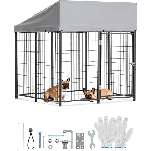 VEVOR Outdoor Dog Kennel, 3.67 x 3.78 x 4.1 ft Large Dog Kennel with Secure Lock, Outside Dogs Enclosures with UV-Resistant & Waterproof Roof Cover, Heavy Duty Pet Crate Cage Run for Large Dogs