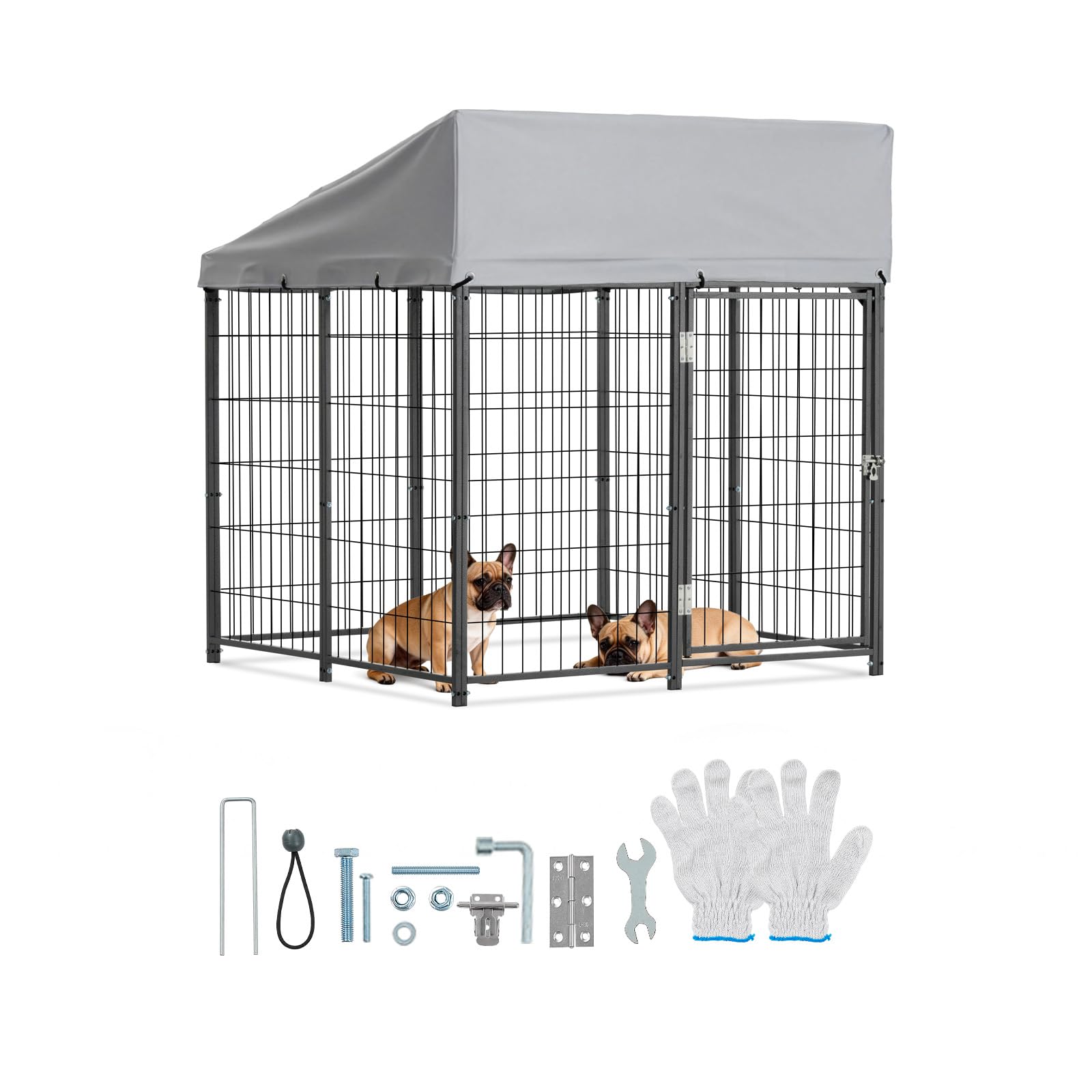 VEVOR Perrera de Exterior, 1,12 x 1,15 x 1,25 m, Parque para Perros con Cerradura y Toldo, Anti-UV Impermeable, Marco Metálico, Caseta de Malla para Perros Medianos en Patio Jardín Terraza, Negro