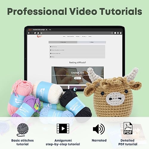 Miniatura 18 de Kit de ganchillo para principiantes: kit de ganchillo de vaca Highland, incluye hilo suave fácil de tejer, tutorial en video paso a paso, gancho