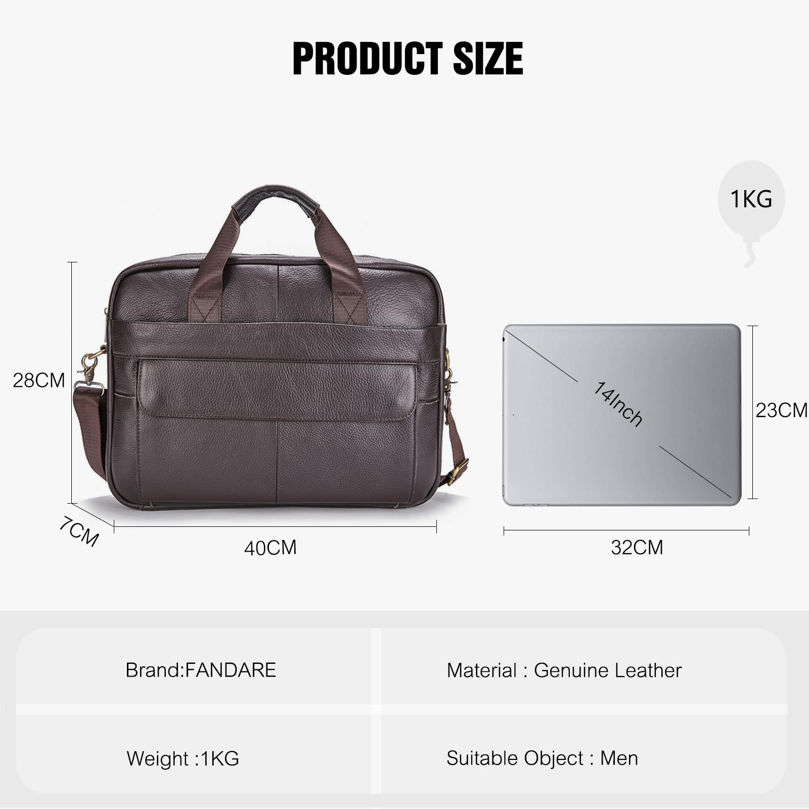FANDARE Aktówka na laptopa 14", skórzana teczka dla mężczyzn, plecak podróżny, pasek do noszenia, bagaż podręczny pod siedzeniem, biznesowa, torba kurierska, walizka podróżna, walizka aktowa, do