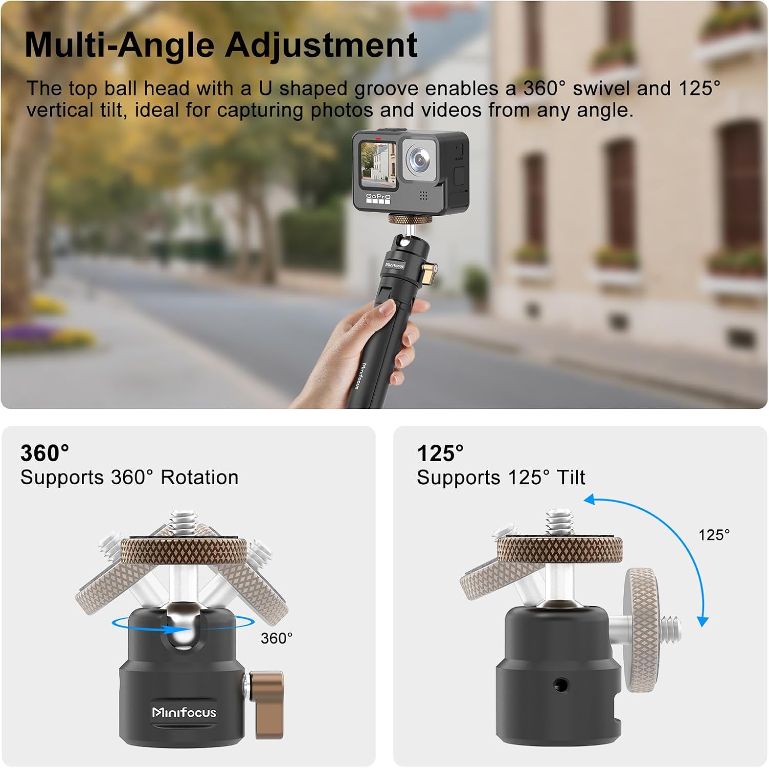 Mini Ball Head, Metal Tripod Ballhead w 1/4" Threaded Hole, 360° Swivel 125° Tilt Tripod Mount Adapter for Compact DSLR Mirrorless, Camcorder, Action Cam, LED Video Light, Light Stand, Max Load 11Ib