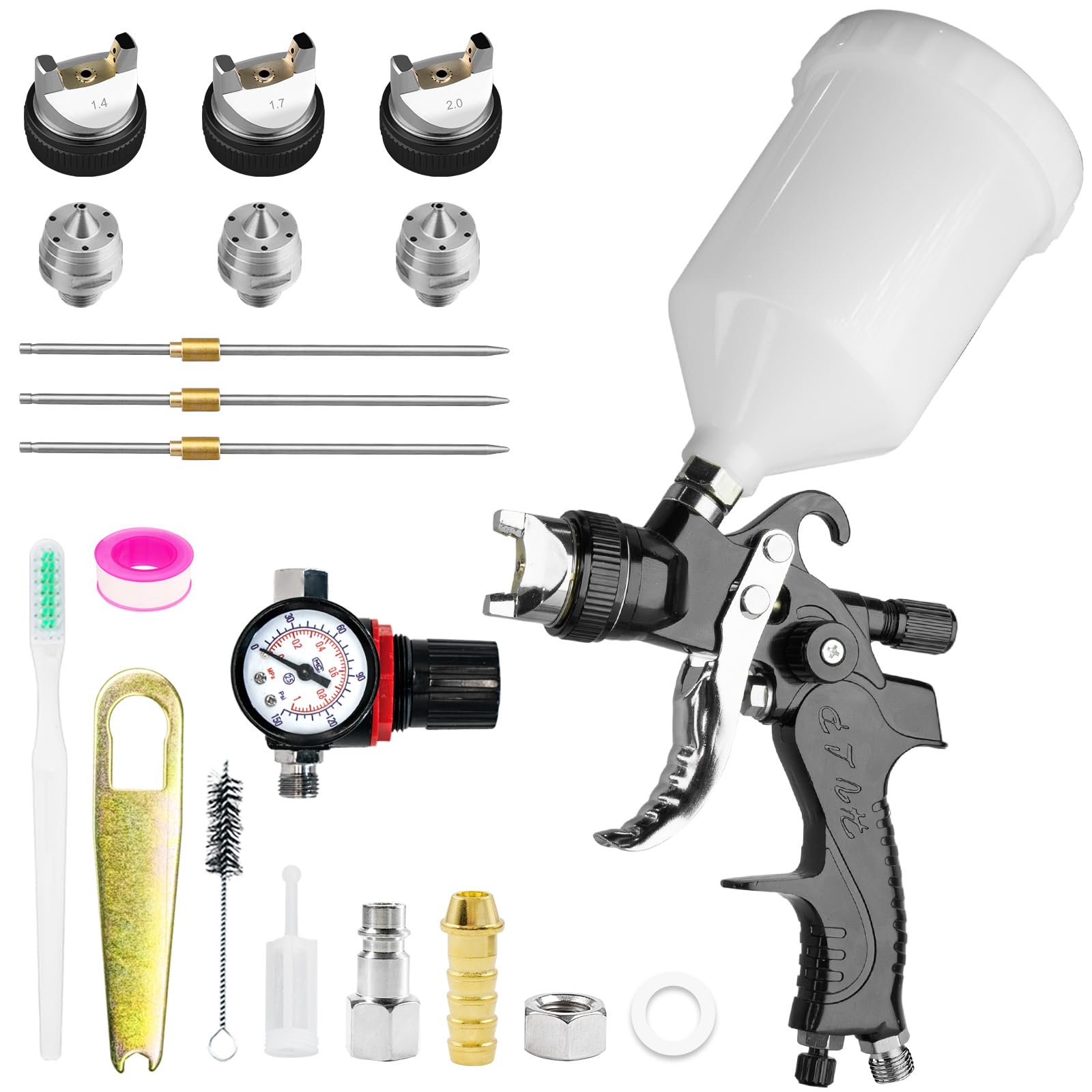 HVLP pistolet do lakierowania, zestaw z 4 dyszami 1,4/1,7/2,0/2,5 mm i separatorem filtra, profesjonalny pistolet do lakierowania na sprężone powietrze, grawitacyjny, z plastikowym kubkiem o